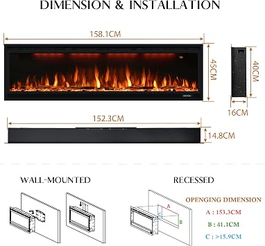 60/152cm Electric Fireplace, Slim Recessed & Wall Mounted Fireplace Heater w/Remote Control, Multicolor flame effects w/Realistic logs, Thermostat with Timer, 750/1500W, Black