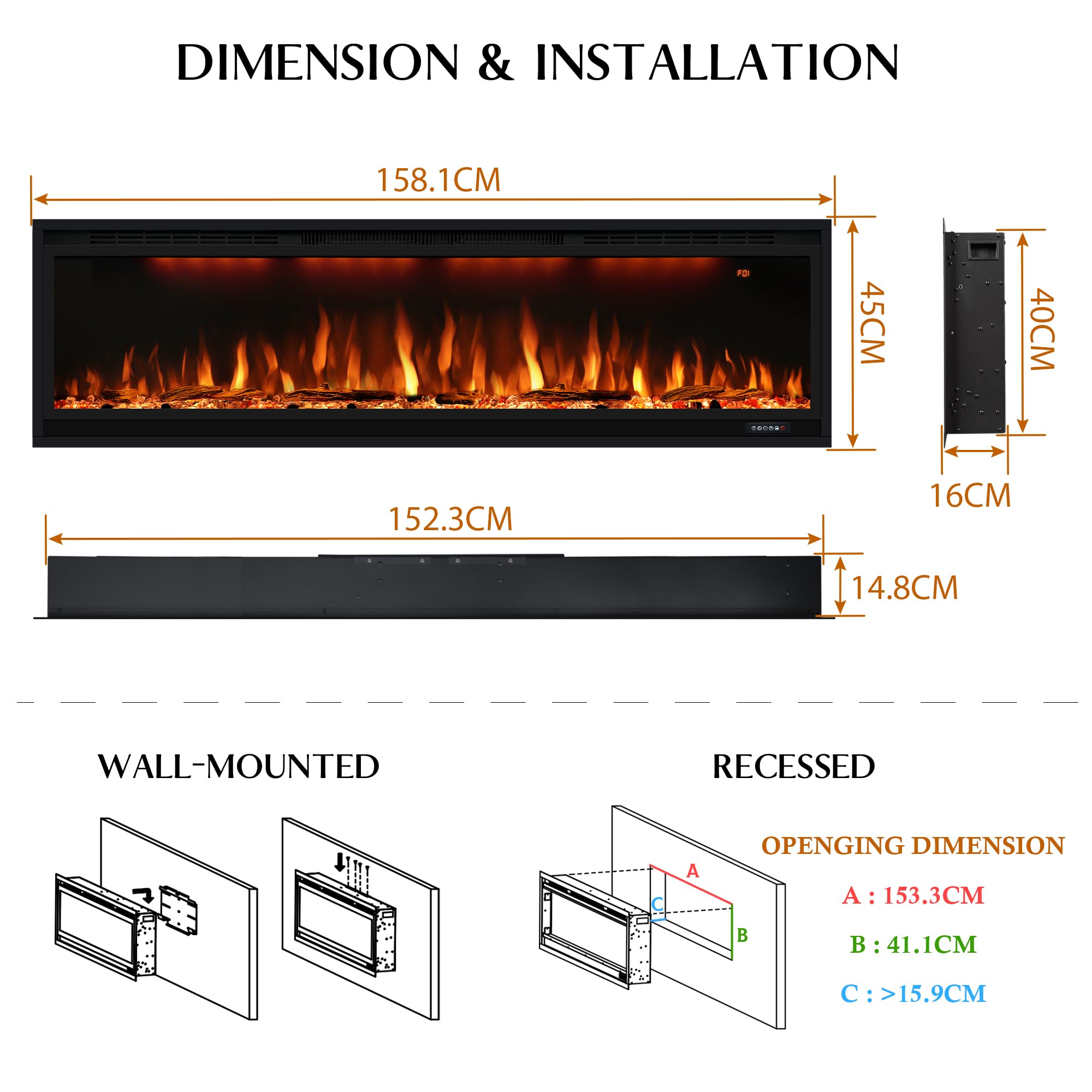 Elektrischer Kamin, schmaler Einbaukamin mit Fernbedienung, mehrfarbige Flammeneffekte mit realistischen Holzscheiten, Thermostat mit Timer, 750/1500 W, Schwarz