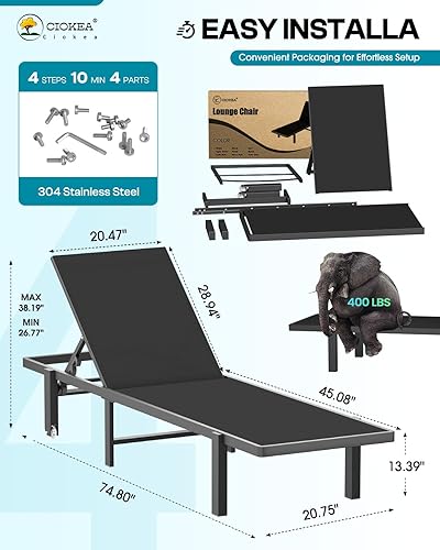 Miniatura 2 de Ciokea Juego de 2 tumbonas para patio, tumbonas para exteriores con ruedas, tumbonas ajustables de 5 posiciones para piscina, terraza, playa, color