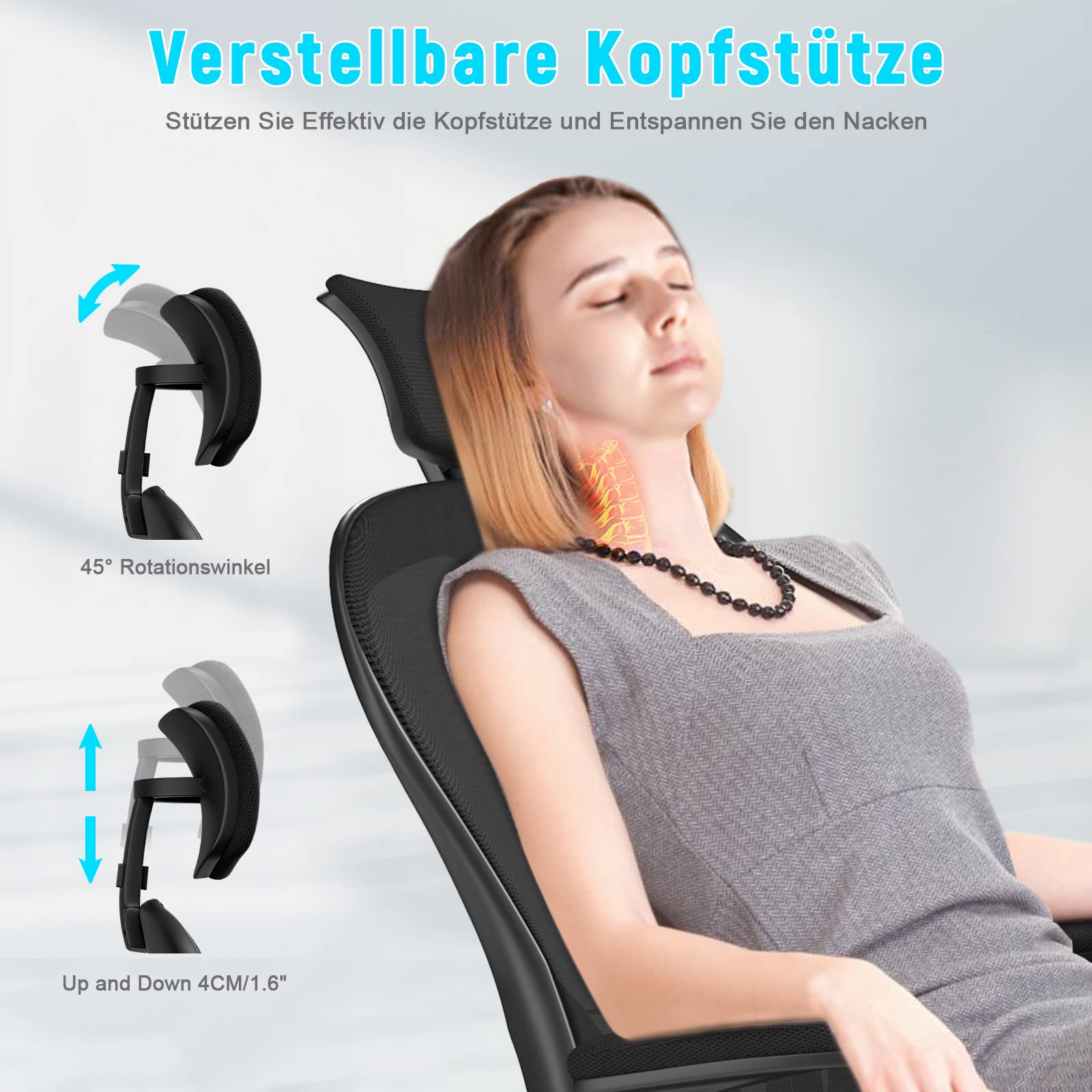 rattantree Bürostuhl, Schreibtischstuhl mit Verstellbarer Kopfstütze, Armlehnen und Lendenwirbelstütze, Höhenverstellung, Drehstuhl für Büro, 51x52x120 cm, Schwarz