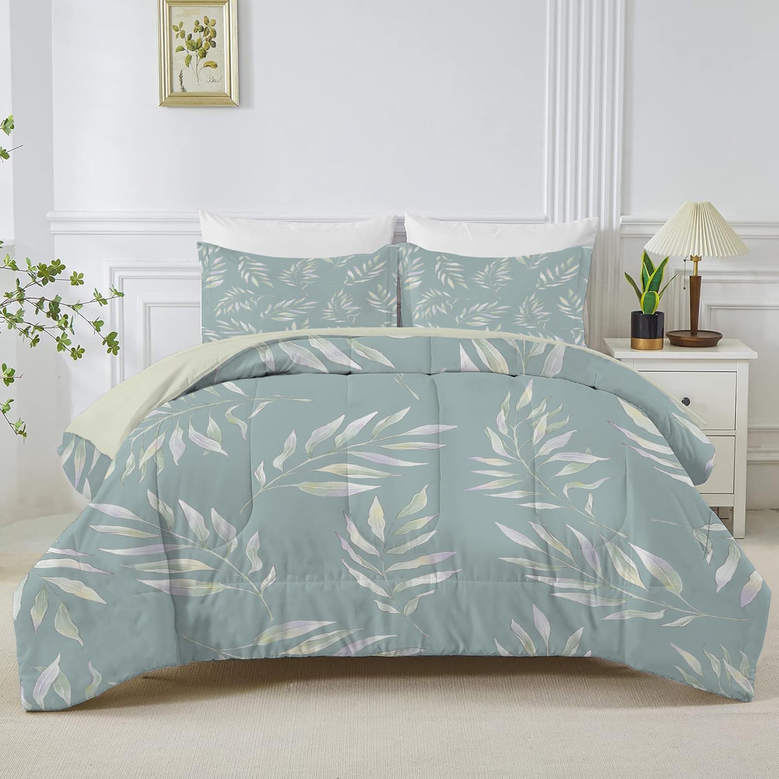 Linfye Blue Leaves King Size Duvet, Reversible Coverless Tropical Plants Duvet King Size, Anti Allergy Bed Quilt King 7.5 Tog for All Seasons - 1 Soft Comforter Bedding with 2 Pillowcases - B24