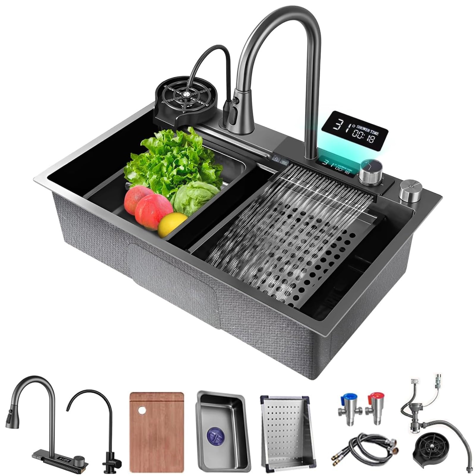 ZQFHSX Drop in Waterfall Kitchen Sink, Stainless Steel Single Bowl Workstation Multifunctional Modern Sink with Pull Down Sprayhead Faucet & Accessories(A,68x45x22cm)