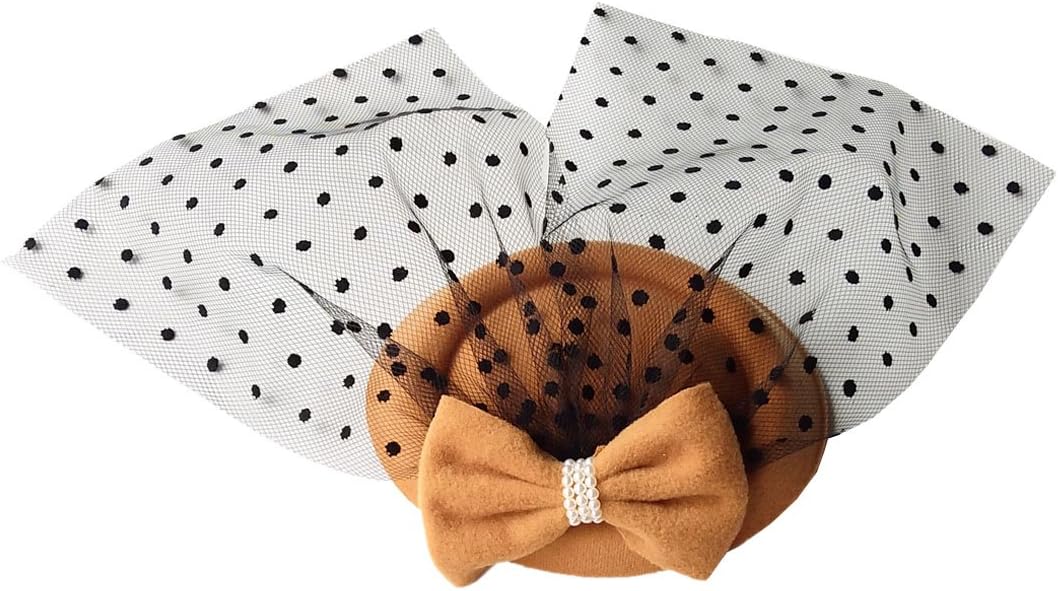 Women's Fascinators Hat Pillbox Hat Cocktail Party Hat with Dot Veil Bowknot Hair Clip (Camel/Dark Khaki)