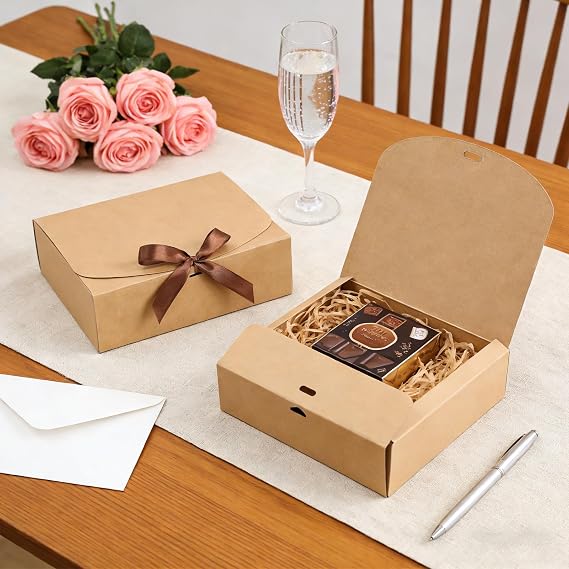 Kraft Gift Boxes for Presents, 12Pcs Kraft Paper Gift Boxes with Lid & Ribbon, 20x20x10cm Gift Box with Lids for Wedding Birthday Festival Party Present Packaging