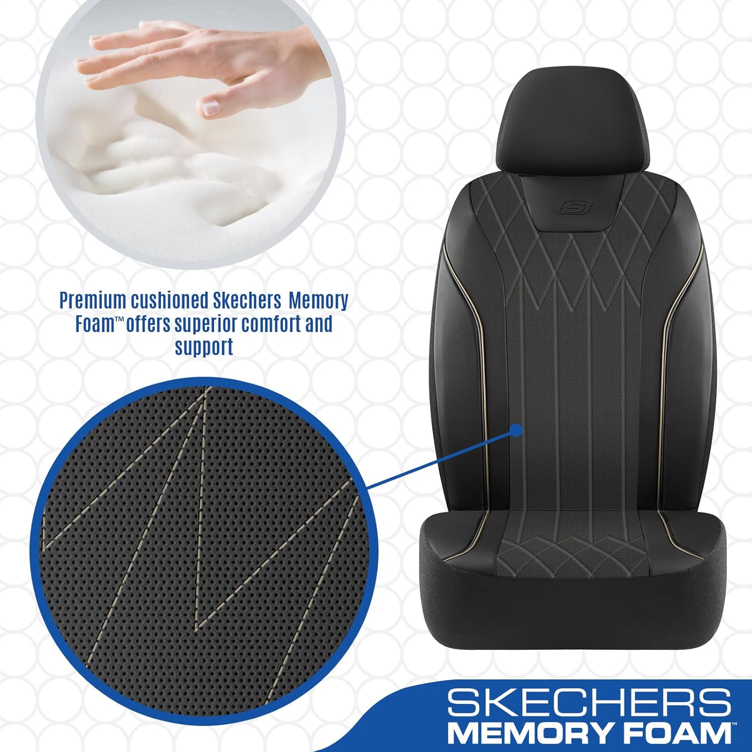 Skechers Seat Covers Memory Foam-Piping Leather Car Seat Covers,Ultimate Comfort & Support Front Seat Covers Airbag Compatible, Automotive Universal Fit Most for SUVs, Vans, Sedans, Cars, Trucks,Beige