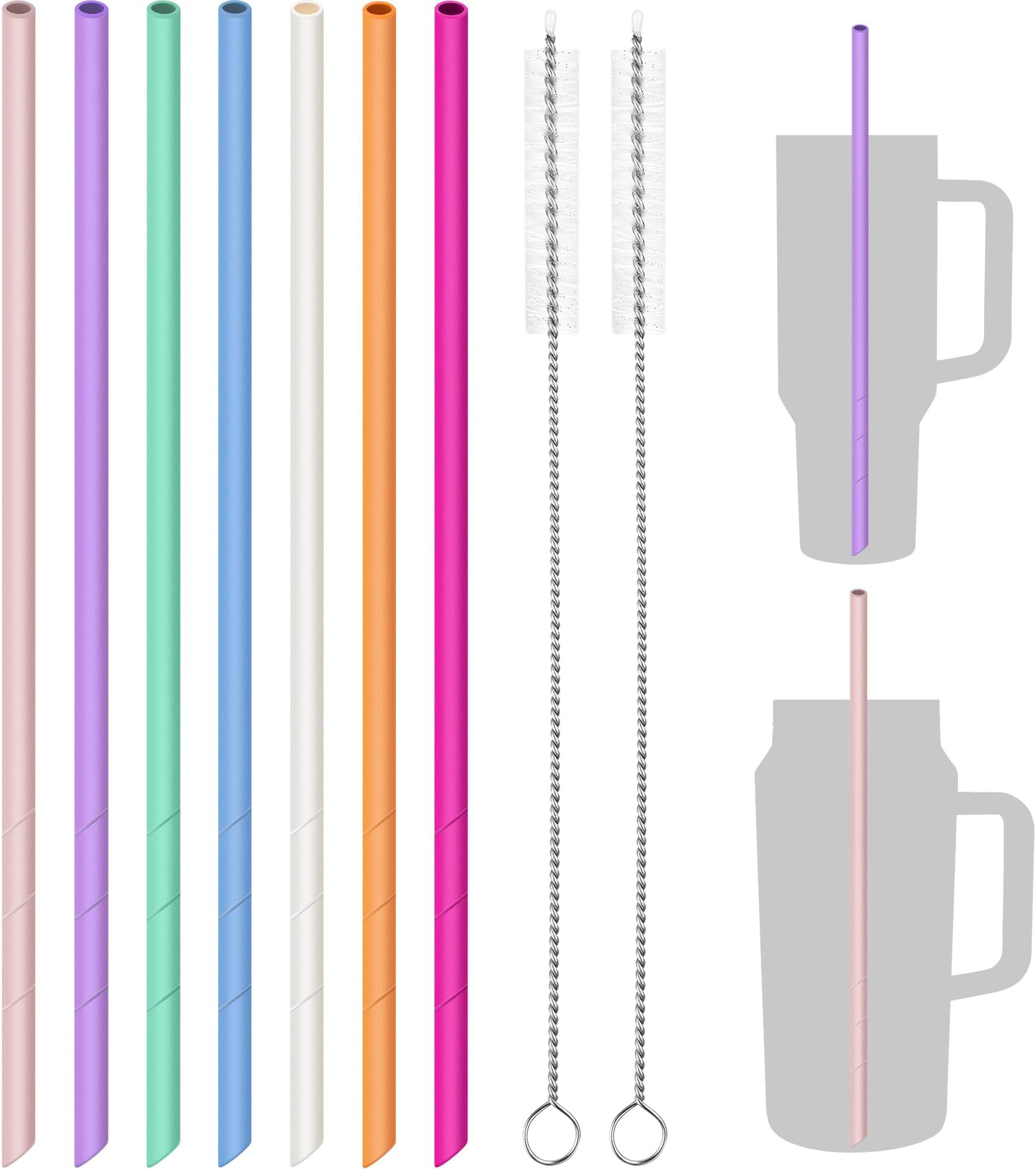 NiHome 14" Silicone Straws 7-Pack for Stanley Cups and Large Bottles, Customizable Length Food-Grade Reusable Straws with 2 Cleaning Brushes, Soft and Flexible for 24-128 oz Bottles (Mixed Colors)