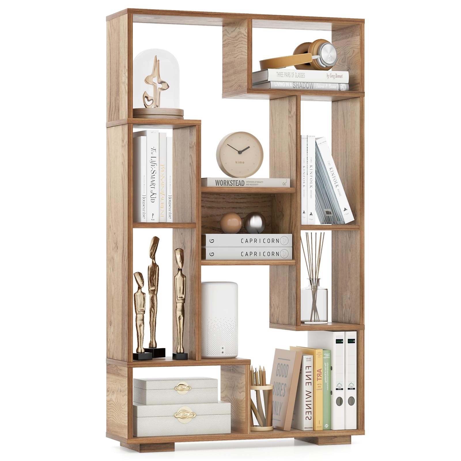 COSTWAY Bücherregal 120 Cm – 9 Fächer, Geometrisch, Freistehend, Raumteiler Aus Holz, Kippschutz, Braun