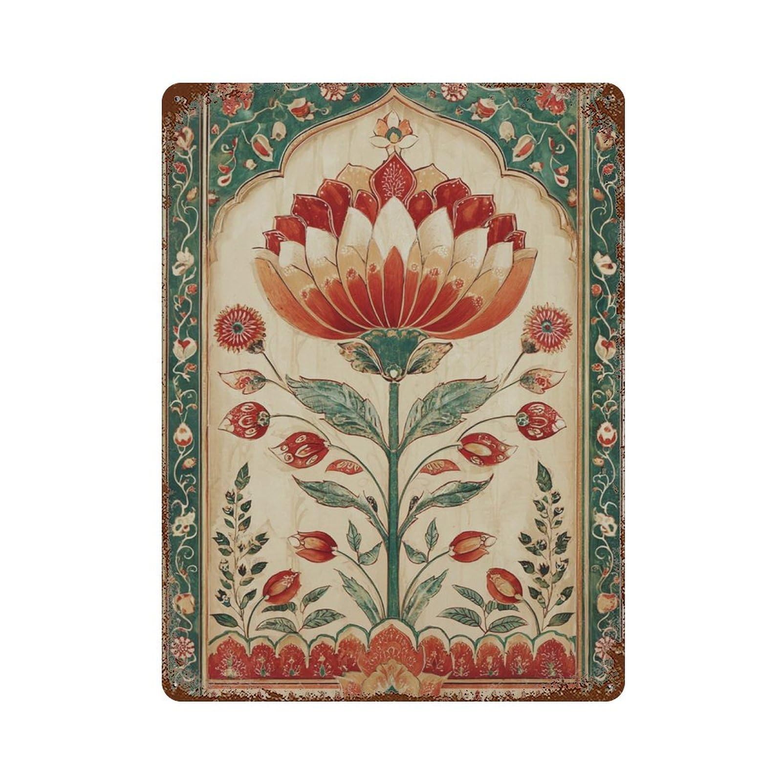 xiaoxiaoshen Persian Floral Red & Green Oriental Botanical Intricate Middle Eastern Patte Wall Decor Art Metal Tin Poster Modern Home Decor Art Home Bar Shop Decorations Vintage Sign 40x30cm