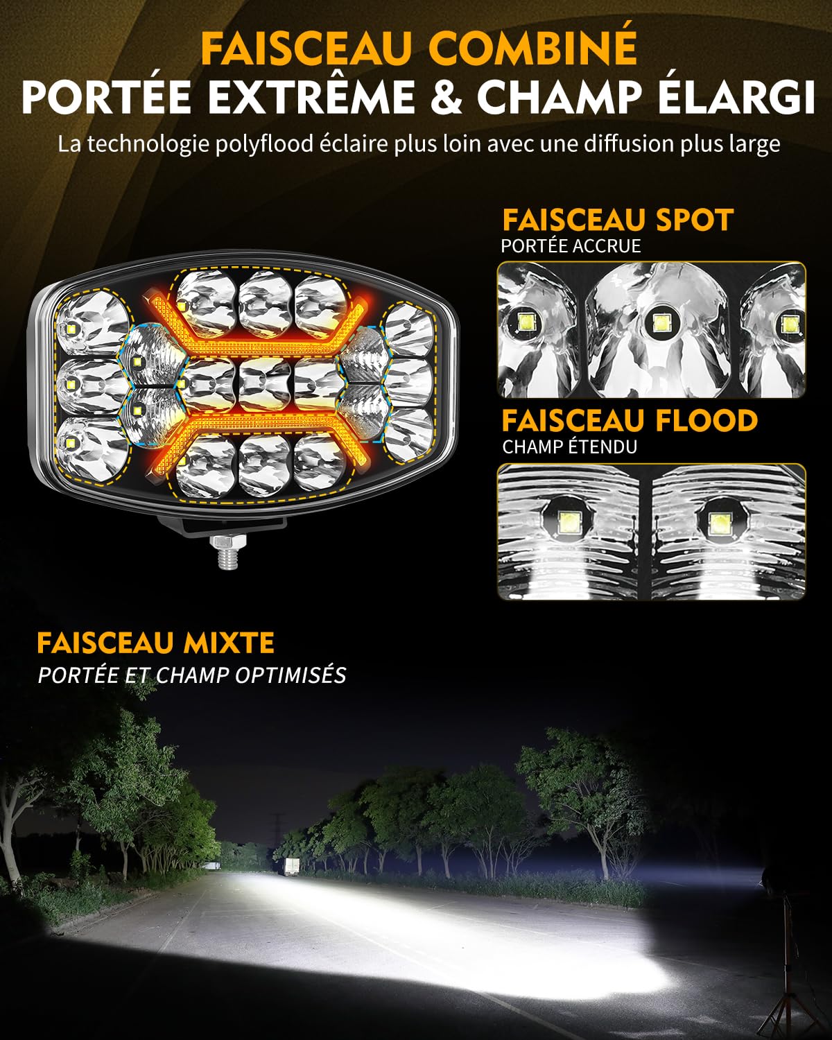 CO LIGHT Feux LED 10 Pouces 150W 35000LM Spot Flood Combo LED Camion Longue Portée avec Feux De Jour Ambre et Blanc Phare de Travail pour Camion 4x4 Tracteur BTP 12V 24V Certifié IP68 ECE 2 pièces