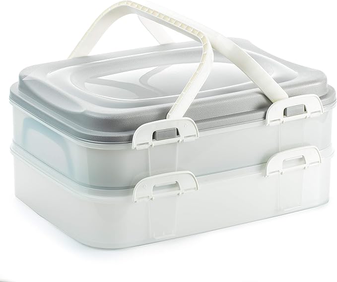 Party Container Kuchen Kuchenbehälter Cupcake Transportbox Lebensmittel Muffin Transportbox XL mit 2 Etagen und klappbaren Griffen, Farbe:Grau