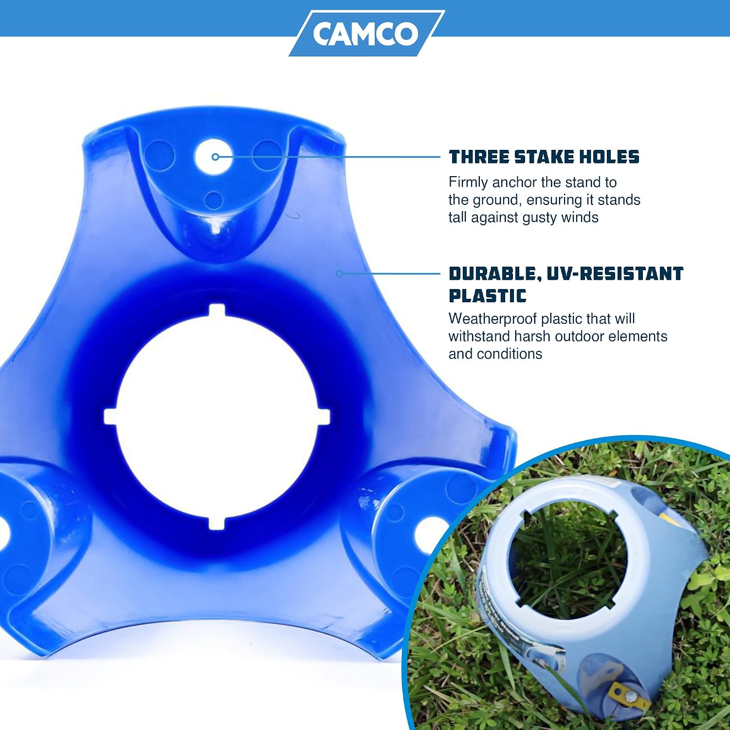 Camco Universal Fit Weatherproof Plastic 3-Legged Water Filter Stand with Stake Holes, Fits Most 4'' Filters for Level Ground Surfaces
