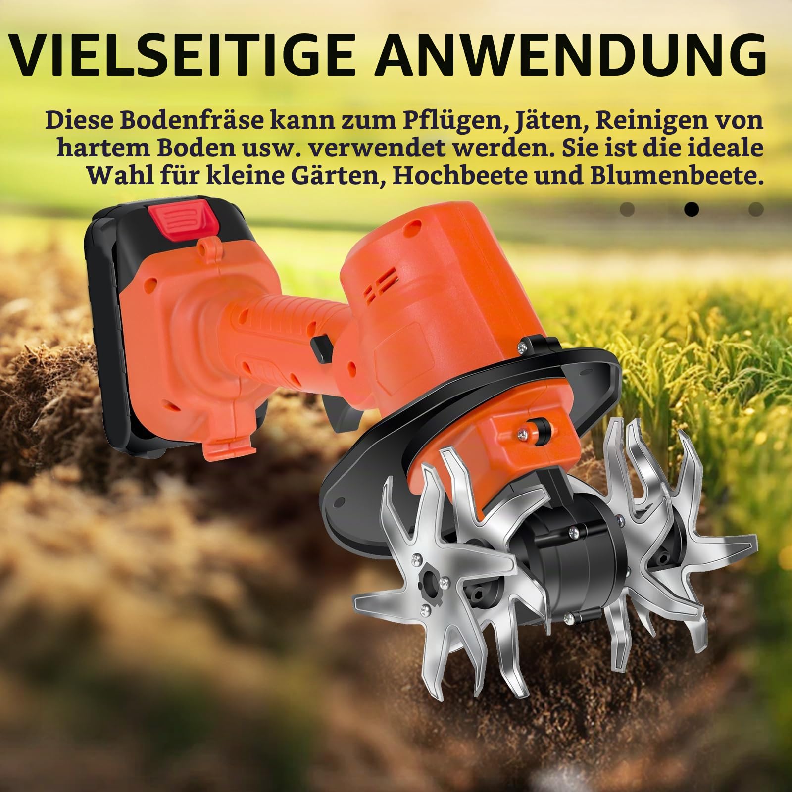 Motorhacke, 21V Akku-Bodenhacke mit 2X 3000 MAh Akuus, Akkubetriebene Gartenfräse Drahtloser Ruderkultivierer für Rasenbodenanbau und Unkraut