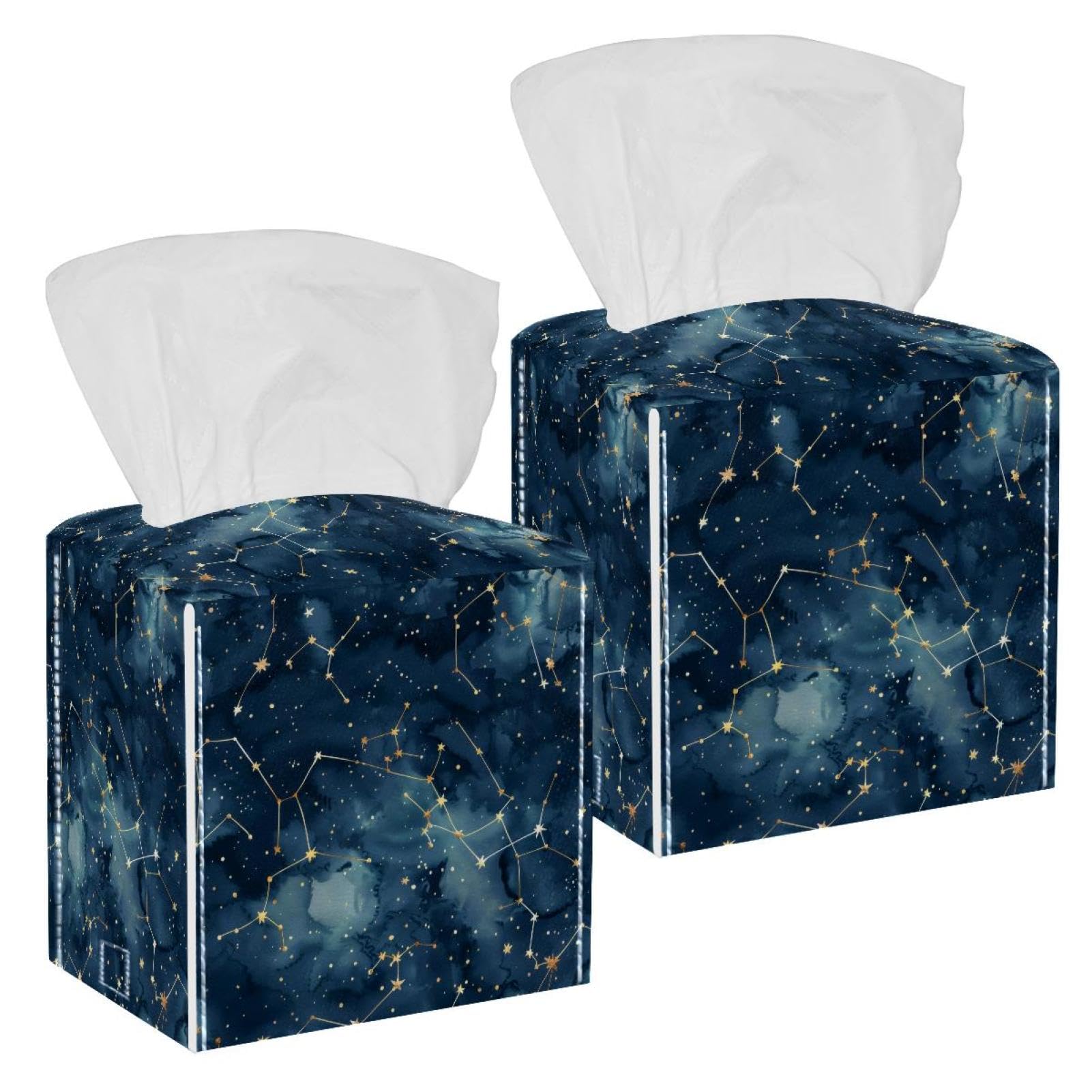 Constellations Tissue Box Cover, 2 Pack PU Leather Square Facial Tissue Dispenser Box holder for Home Office Car