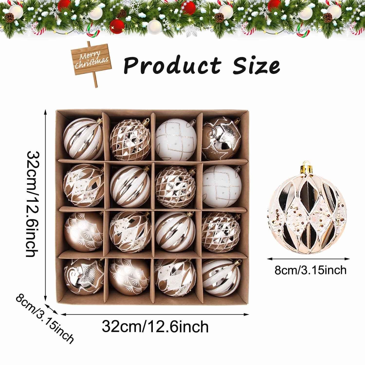 SVNVIOZ Champagne White Baubles, 16Pcs 8cm Ball Ornaments Set, Hanging Xmas Decorations Shatterproof Balls for Christmas Tree - Image 3