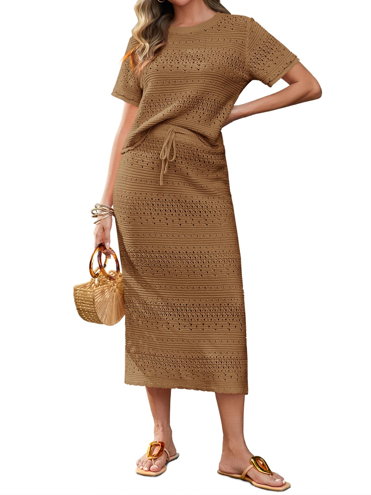 Tankaneo Set di 2 gonne da donna all'uncinetto, a maniche corte, top in maglia, gonna midi per vacanze e viaggi