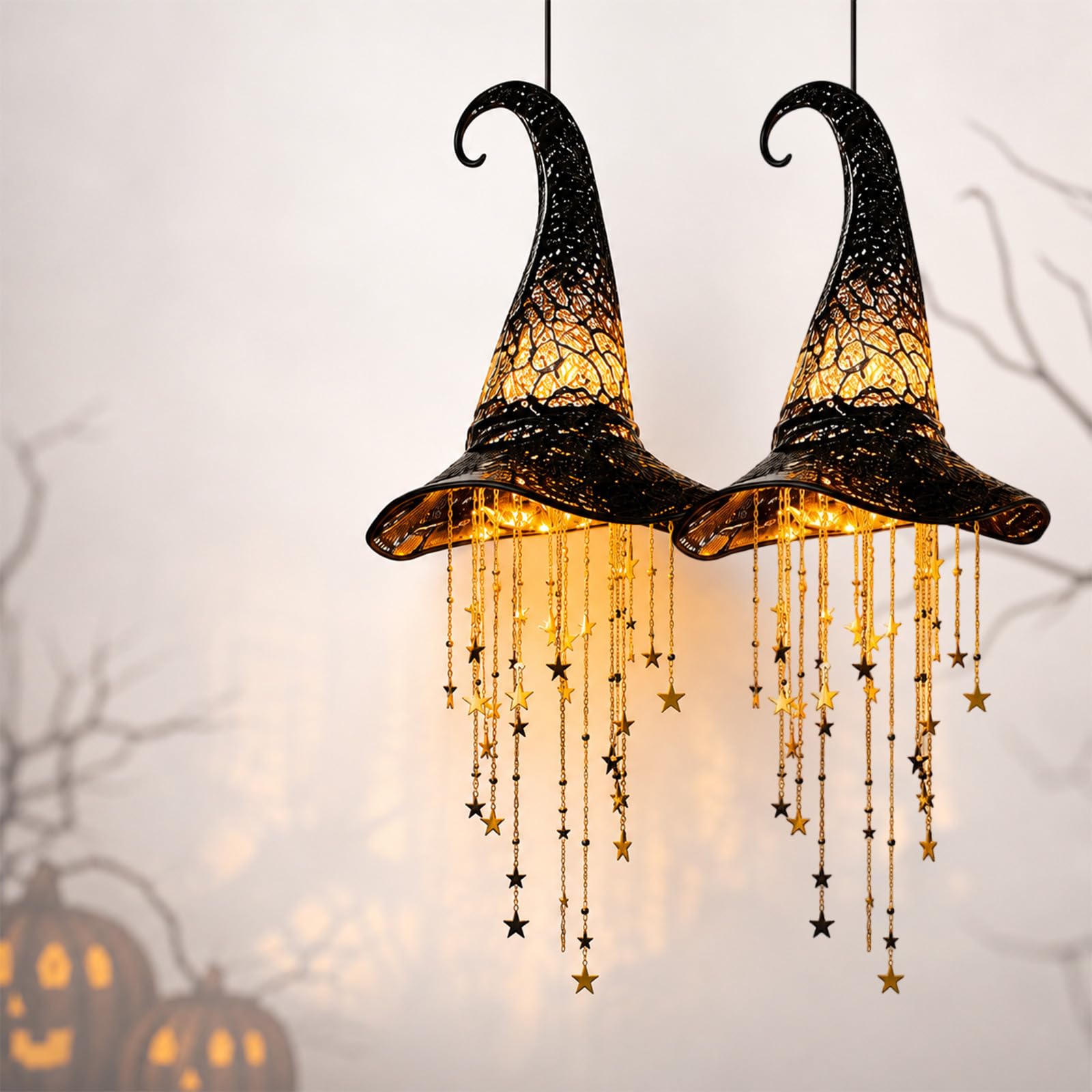 Lighted Witch Hat Wisząca Chime, LED Halloween Decorations Outdoor, 2 szt