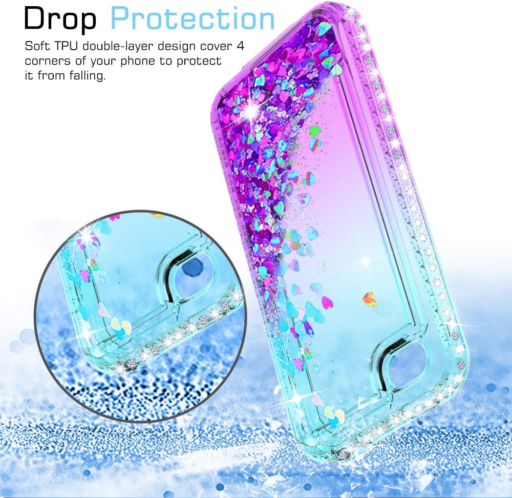 LeYi Compatible for iPhone 4S Case with Tempered Glass Screen Protector [2 Pack] for Girls Women, Cute Glitter Moving Quicksand Clear Protective Phone Case Cover for iPhone 4/ 4S/ 4G,Teal/Purple