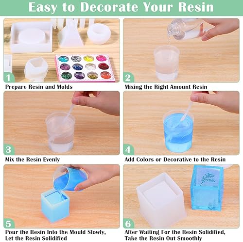 Miniatura 6 de Kit de moldes de resina de silicona 26 piezas moldes de resina epoxi Dyroubo moldes de fundición de resina grandes con 12 lentejuelas brillantes