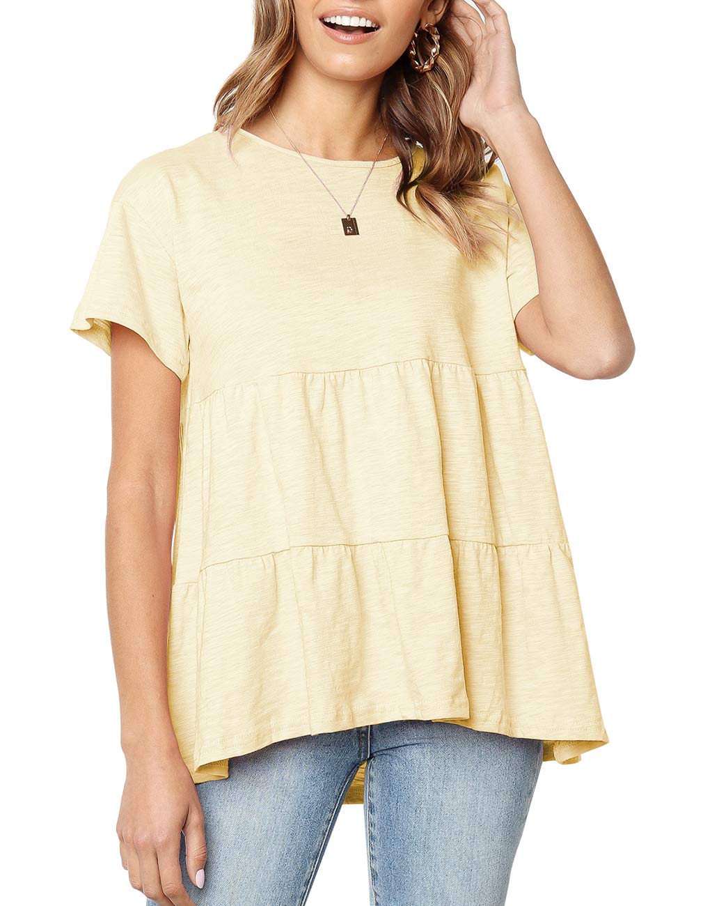 Defal Women's Summer Short Sleeve Loose T Shirt High Low Hem Babydoll Peplum Tops