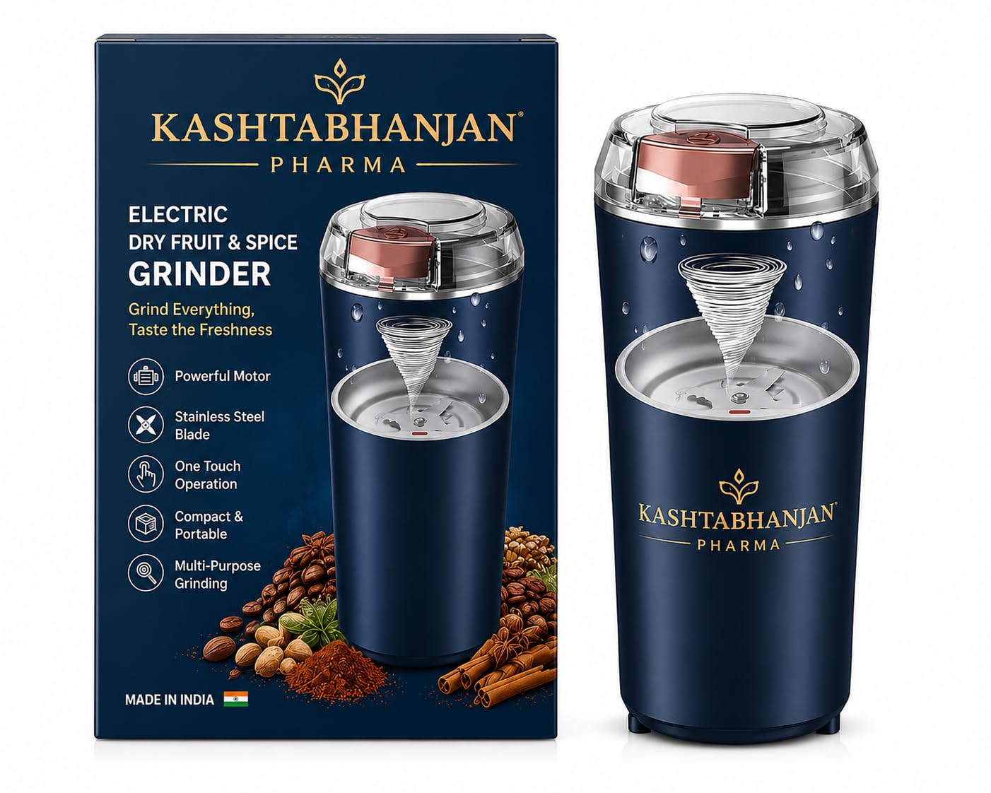 KASHTHABHANJAN PHARMA® Electric Coffee Grinder Spice & Coffee Bean Grinder Stainless Steel 4 Blade Mixer Grinder for Masala & Herb Push Button Control Durable Grinding Machine for Dry Item (Blue)-image-5