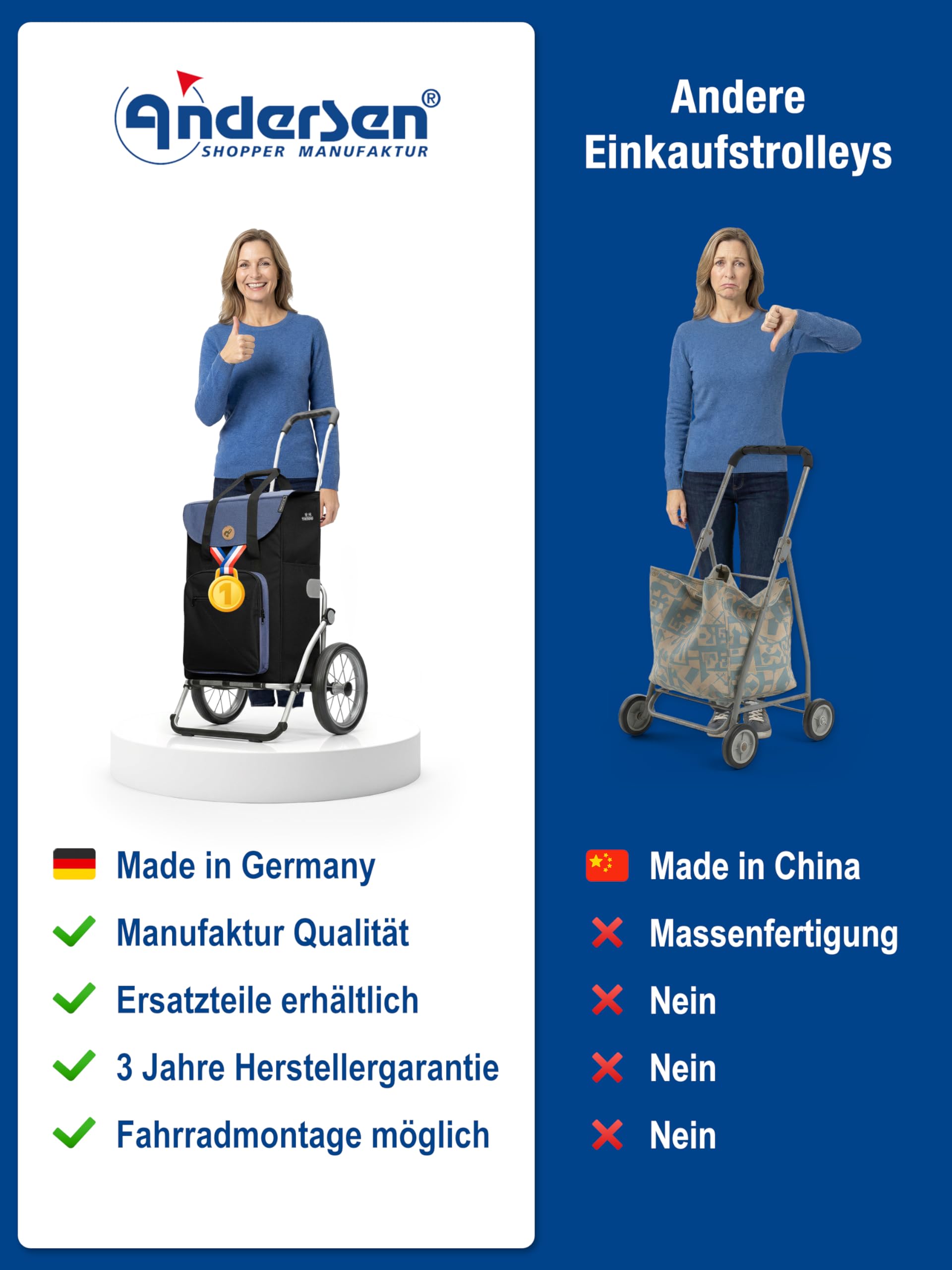 Andersen Einkaufstrolley - klappbar - 45 Liter - mit Kühlfach | Aufhängung für Einkaufswagen - belastbar 50 kg - Aluminium - Metallspeichen-Rad Ø 25 cm - Royal Shopper Wismar schwarz