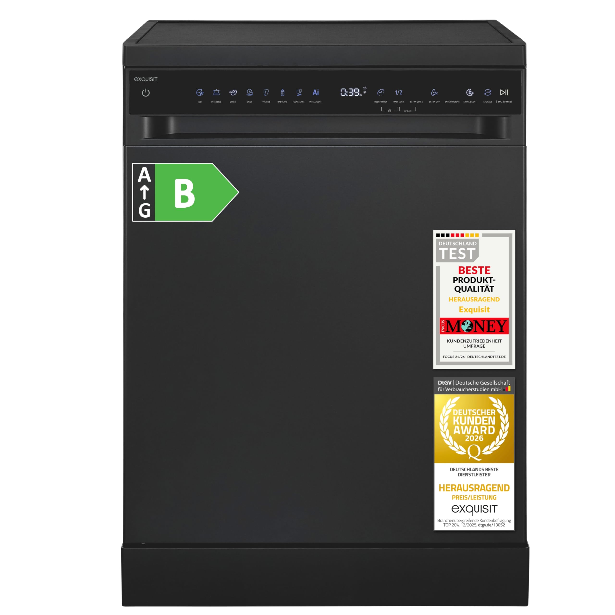 Exquisit Geschirrspüler | 60cm Breite, 16 Gedecke, Energieklasse B, 45 dB | 8 Programme, Auto-Programm, Selbstreinigung, Extra-Trocknung, Hygiene, Startzeitverzögerung Aquastop | GSP9616-450B schwarz