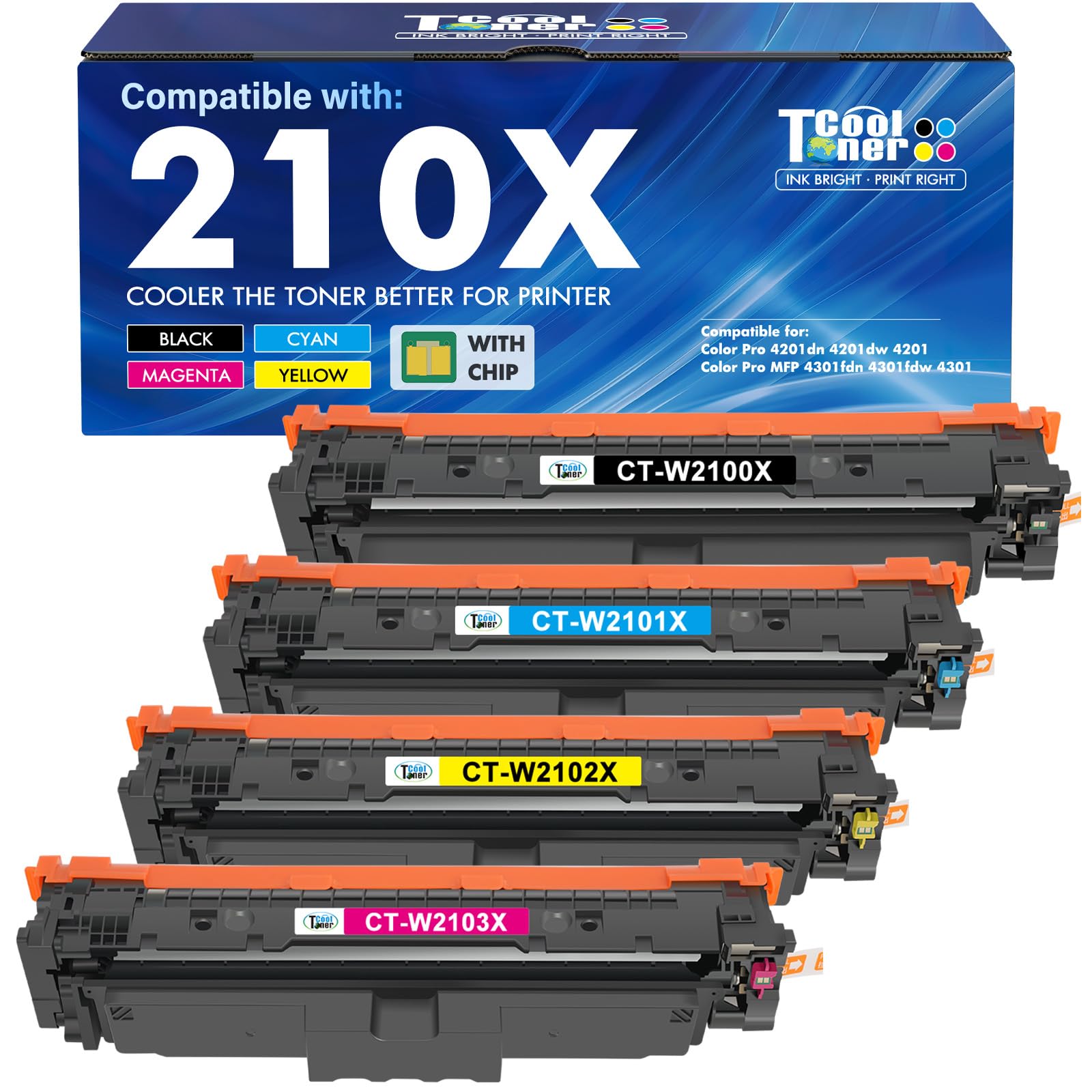 210X Toner Cartridges 4 Pack for HP 210 210A 4301fdw 4301 W2100X High Yield | Compatible for HP 210X 210A 210 Toner Cartridges Color LaserJet Pro MFP 4301fdn 4201dw 4201dn 4201 Printer Ink with Chip