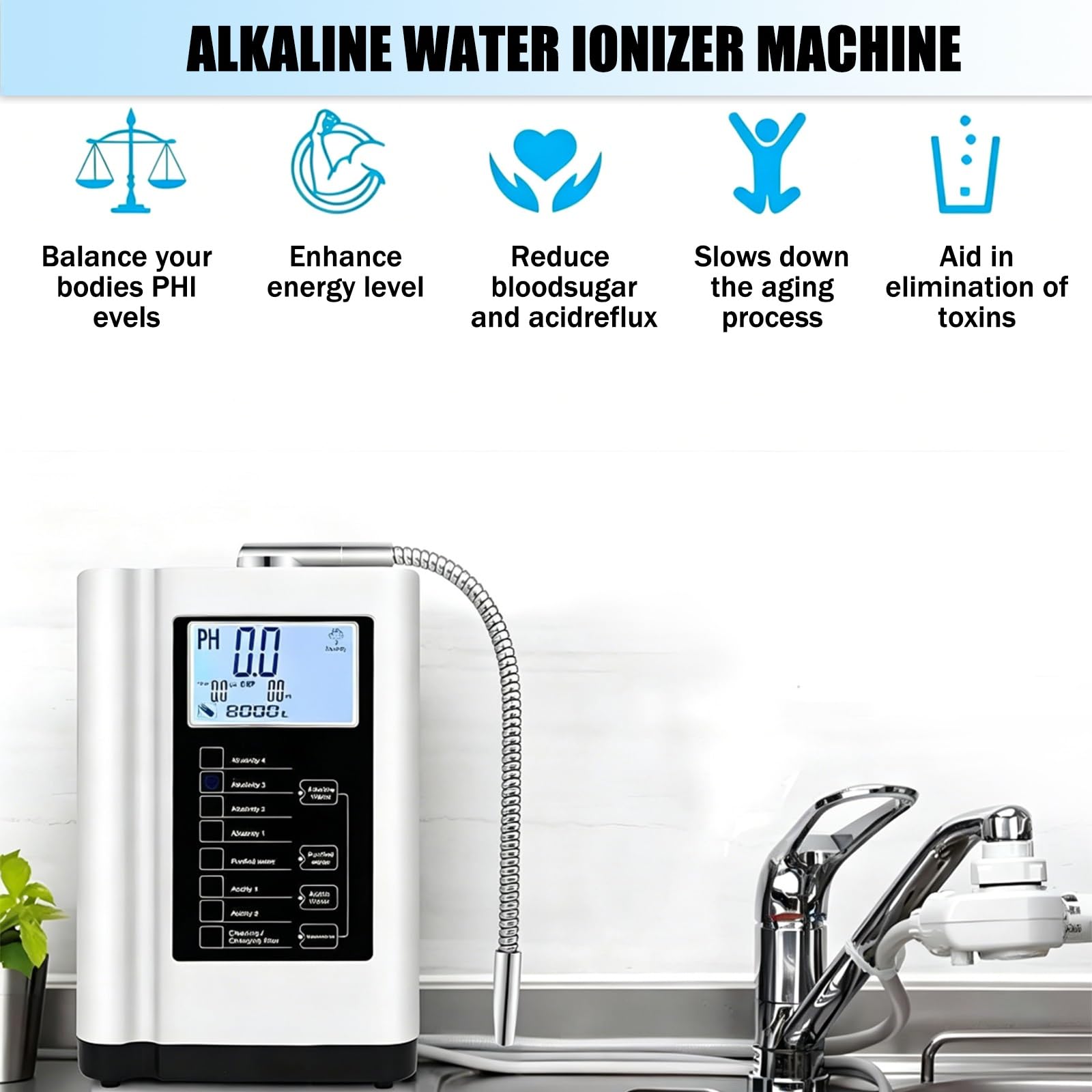 Wasserionisierer alkalisch Redoxpotential +400~-500mV pH 3,5–10,5 7 Einstellungen 8000 Liter Filter Weiß
