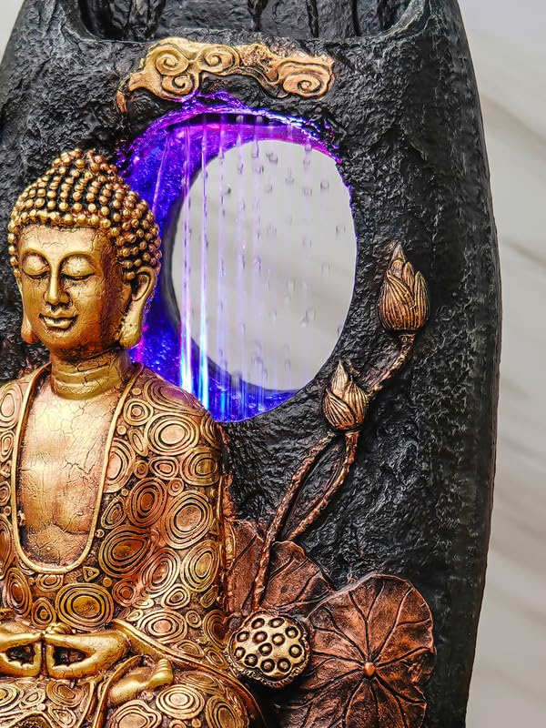 Image of Golden Brown Polyresin Tabletop Buddha Indoor Water Fountain for Home Decor with LED, Speed Control Pump (Size: 37 x 28 x 56 CM | Weight: 2910Gram)