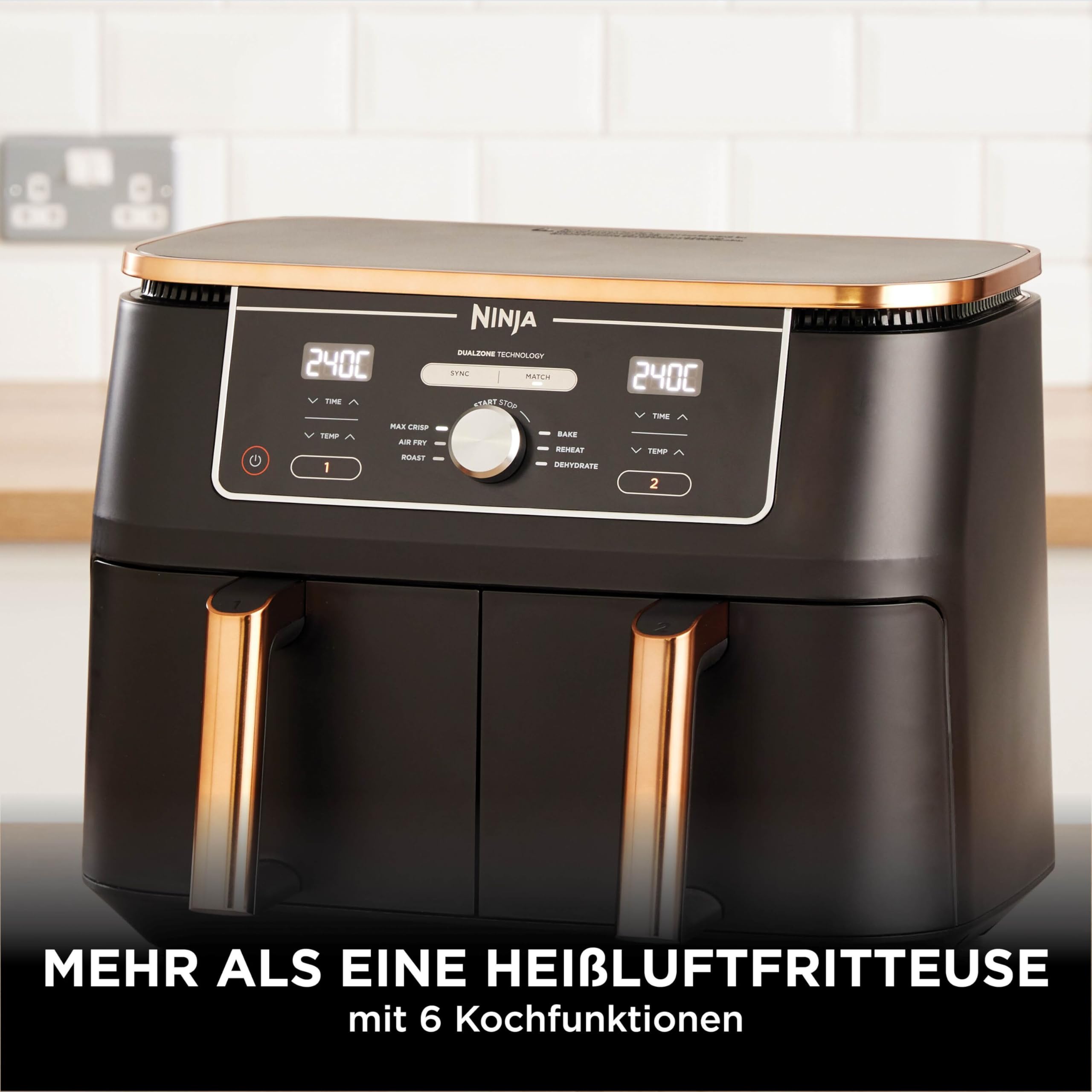 Ninja Foodi MAX Dual Zone Heißluftfritteuse 9,5L Airfryer 2 Fächer Antihaftbeschichtung spülmaschinenfeste Körbe 6-in-1 Kupfer/Schwarz AF400EUCP