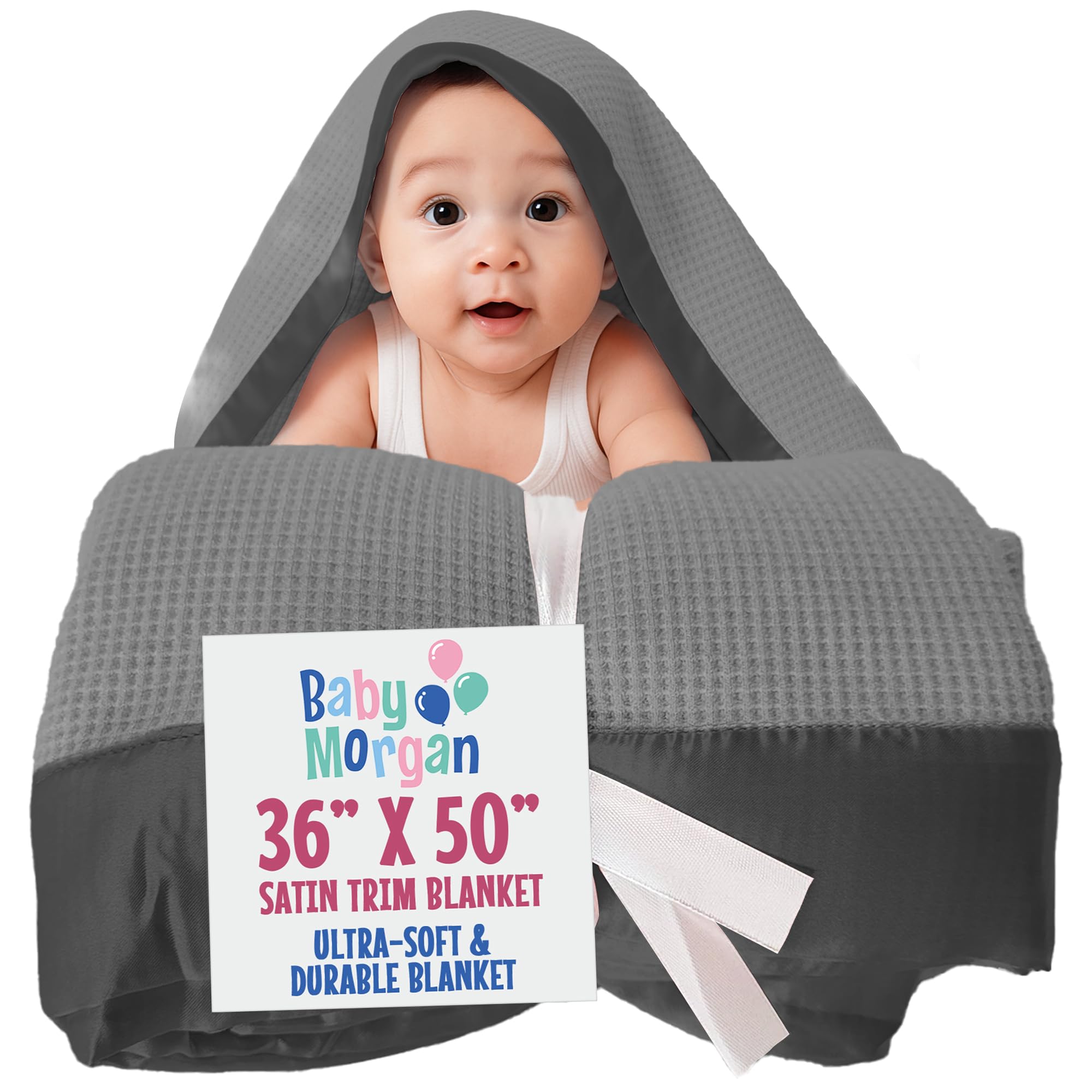 Thermal Waffle Knit Baby Blanket Satin Trim Gray 36" x 50"