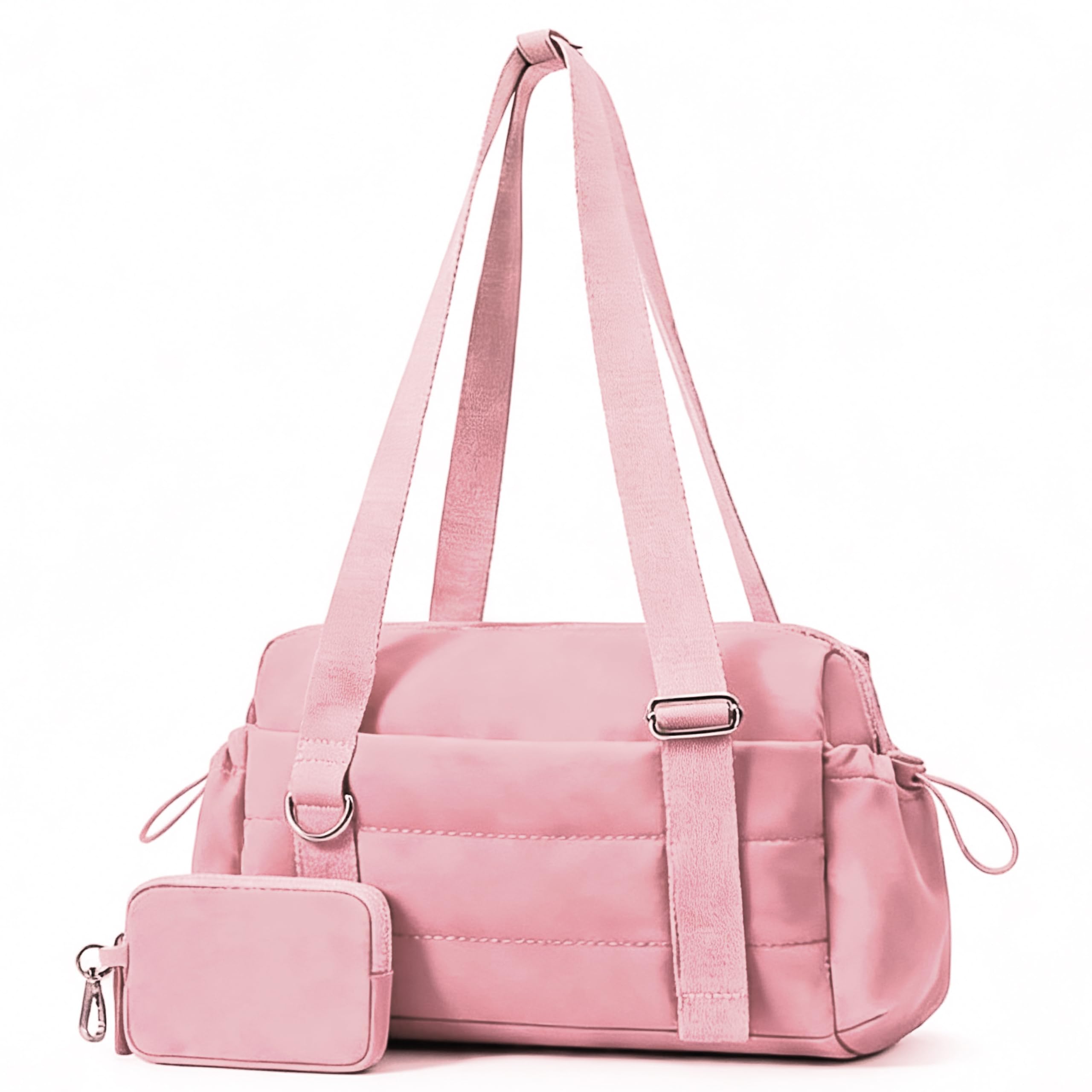 2Pcs Small Gym Bag for Women, Waterproof Duffle Bag with Detachable Pouch Adjustable Strap, Compact Featuring Wet Pocket Organised Storage for Carry-On Weekend Travel Sports Yoga Gym Shopping, Pink