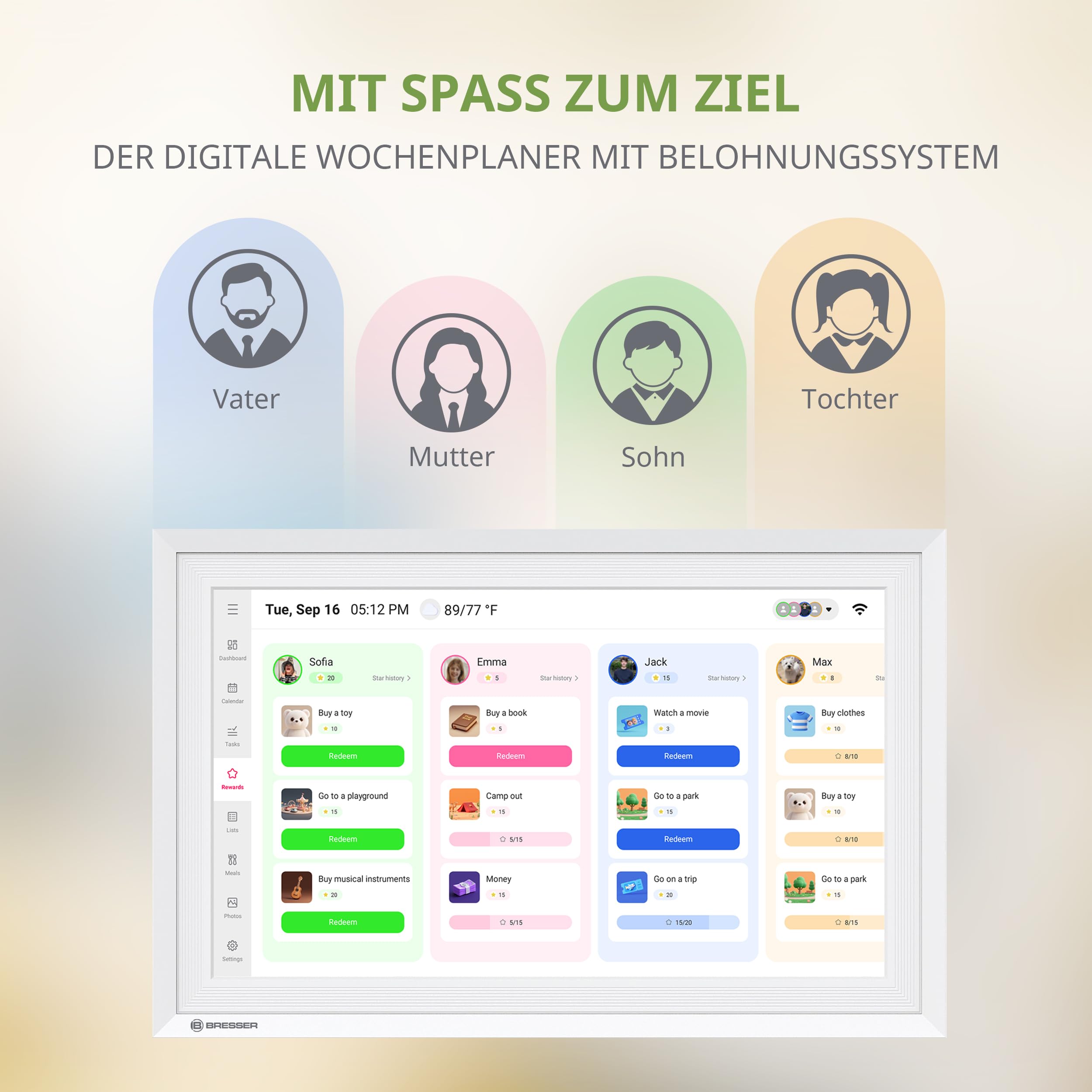 Bresser Digitaler Kalender 10,1 Zoll Touchscreen Familienplaner mit App Bilderrahmen Wetter 7 Tage Weiß