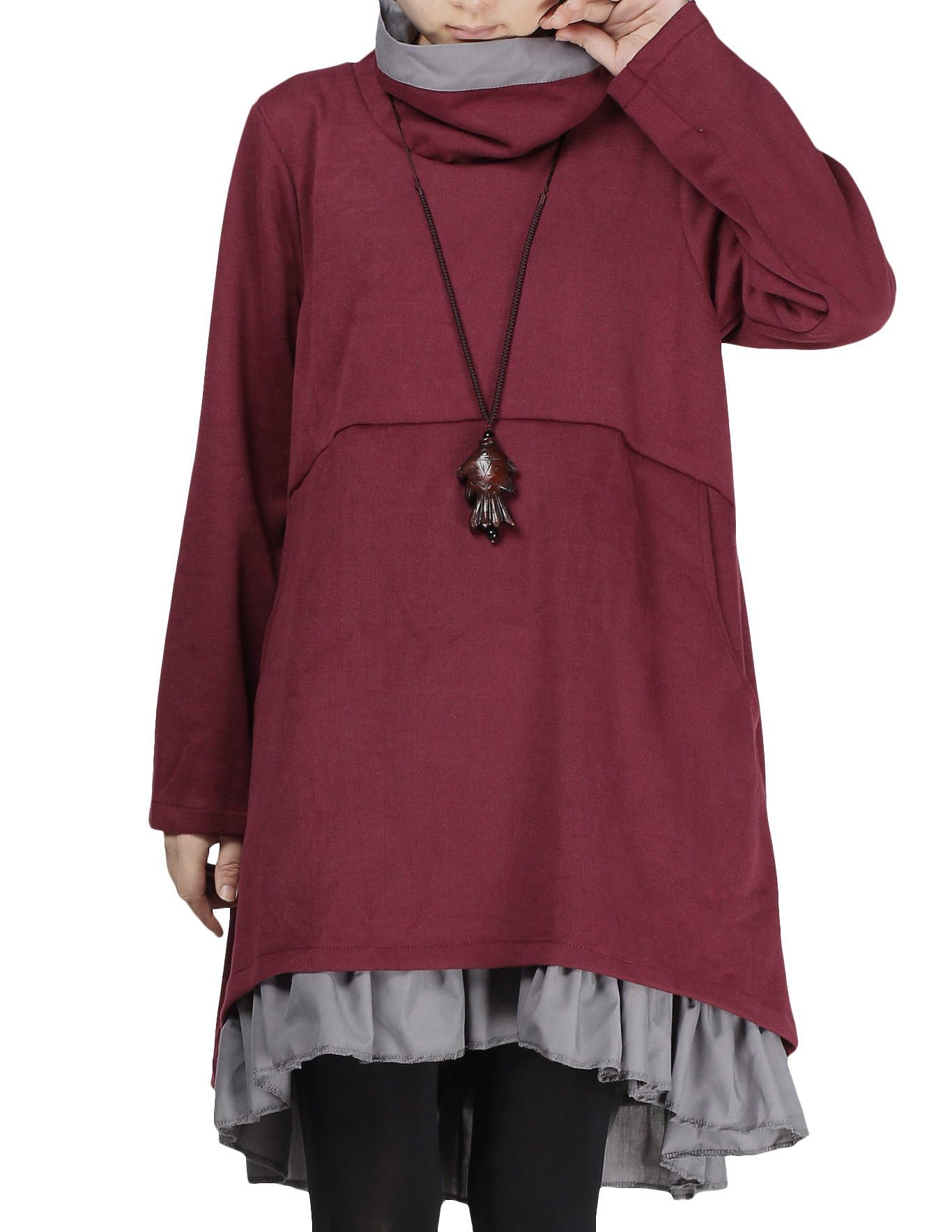 Minibee Abito da donna oversize a collo alto, a maniche lunghe, tunica top, abito svasato con tasche