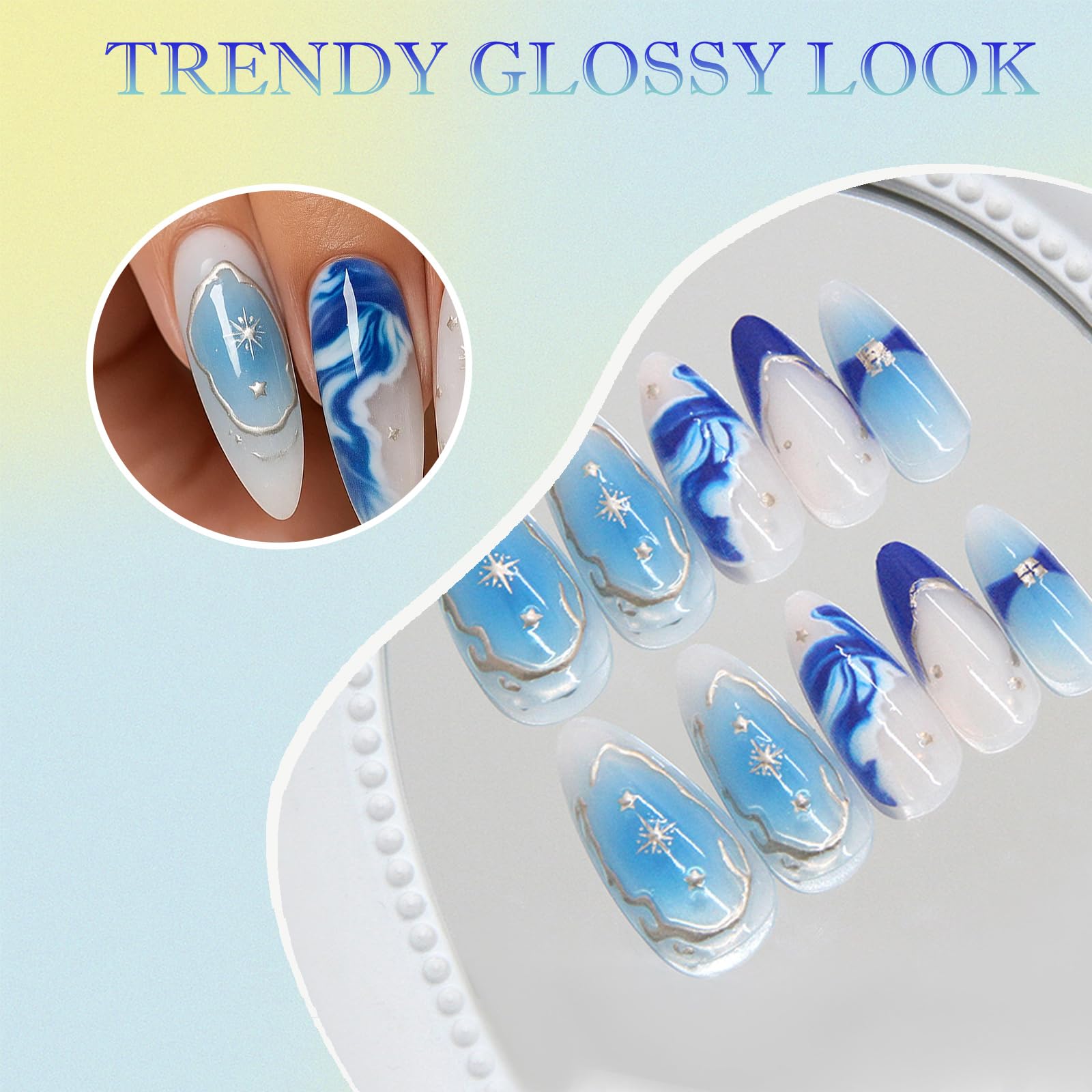 Sea Galaxy Press-On Nails with Marble & Gold Design, Blue Almond Tip, 24PCS Medium-Length Glossy False Nails Set - Image 4