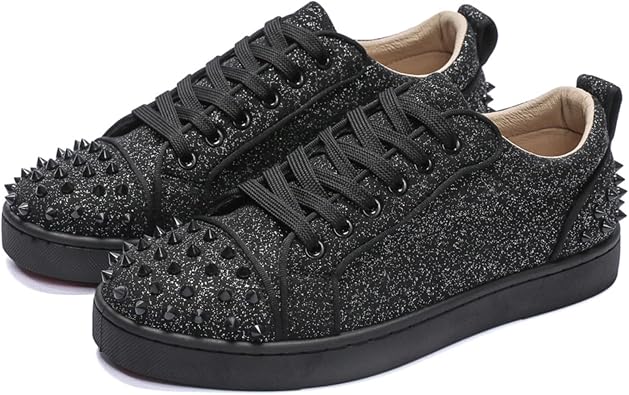Mens Punk Studded Lace Up Sneakers with Metal Rivets & Fabric Upper - Breathable Low Top Casual Shoes for Street Style Nightlife and Everyday Wear