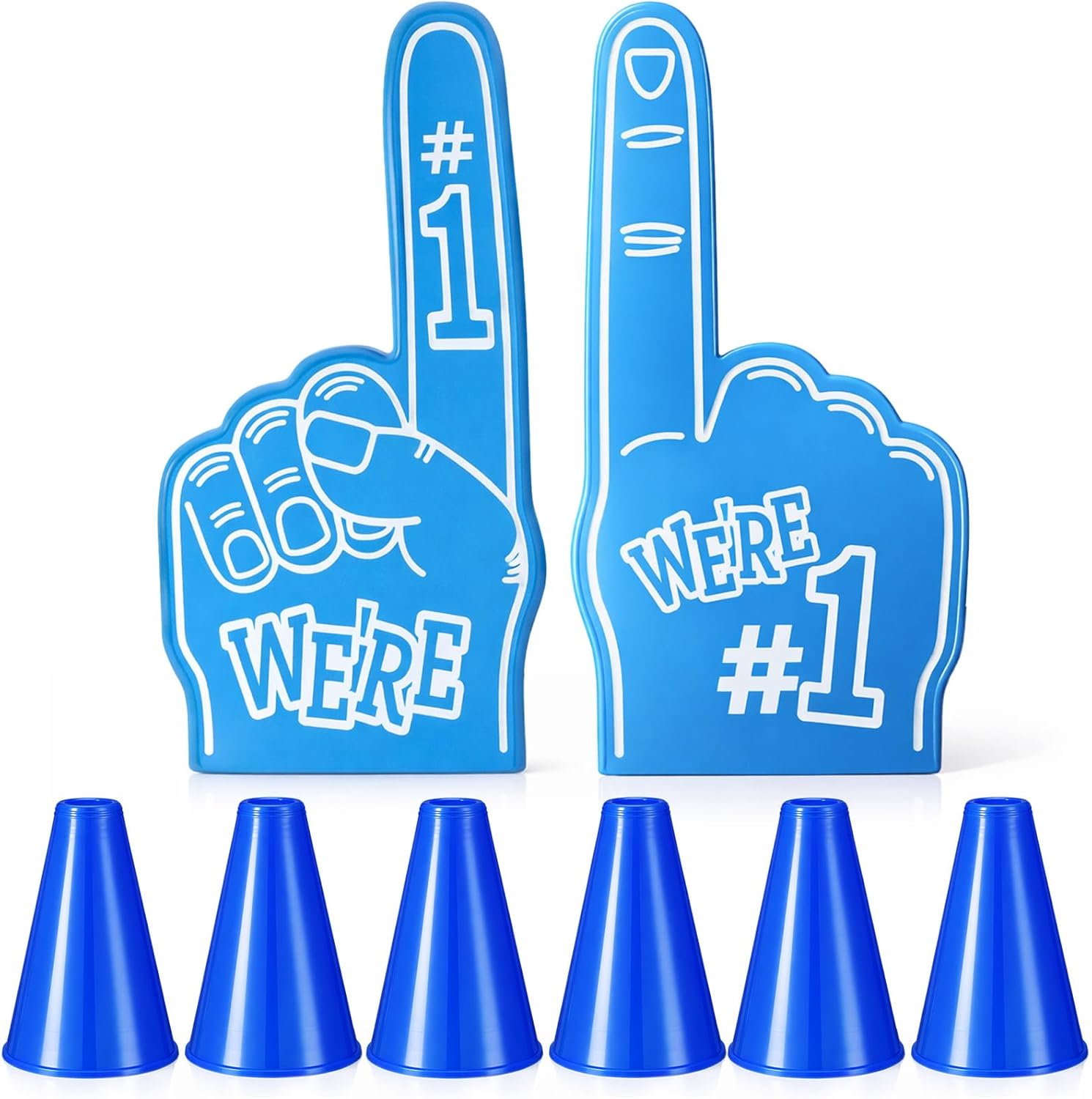 12 Pcs Giant Foam Finger 18 Inch and Blue Plastic Cheer Megaphone 8 Inch, We're Number 1 Cheerleader Foam Hand for All Kinds of Sports Events, Games, Outdoor Activities, Schools, Stadiums