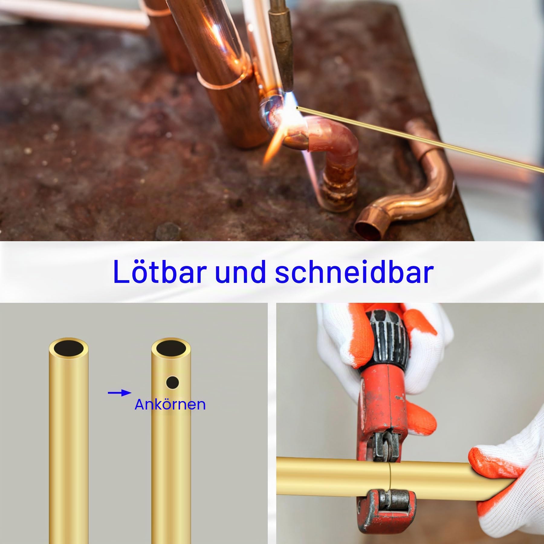 Messingrohr-Set, 8-teilig, nahtlos, gerade, 2 mm, 2,5 mm, 3 mm, 3,5 mm, 4 mm, 4,5 mm, 5 mm, 6 mm Außendurchmesser x 0,5 mm Wandstärke, 200 mm Länge, Messingrohrrohre
