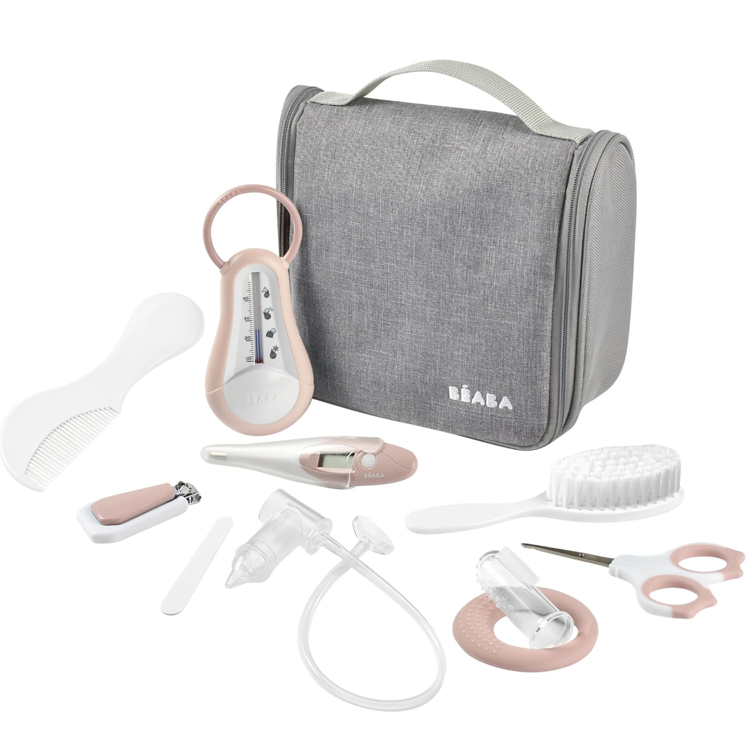 BÉABA Baby Travel Toiletries Bag – 10 Care Accessories from Birth – Rotating Hook, Compact Size, Double Zip – Thermometers, Nail Clippers, Brush – Old Pink