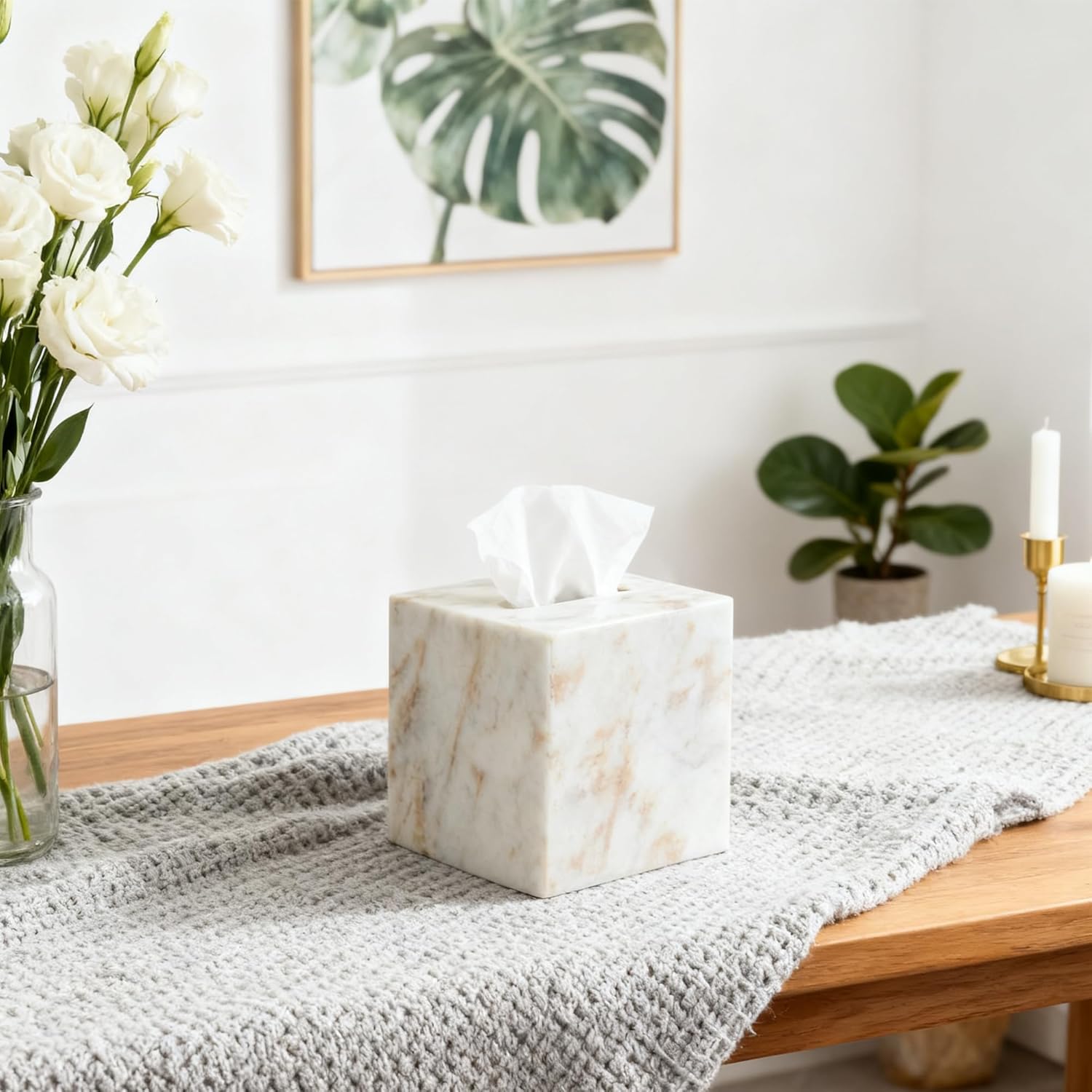 Luxury Natural Champagne Marble Tissue Box Cover, Heavy-Duty Square Facial Tissue Holder with Solid Calacatta White Gold Marble, Perfect for Bathroom Bedroom Living Room (5.7" x 5.7" x 6.3")