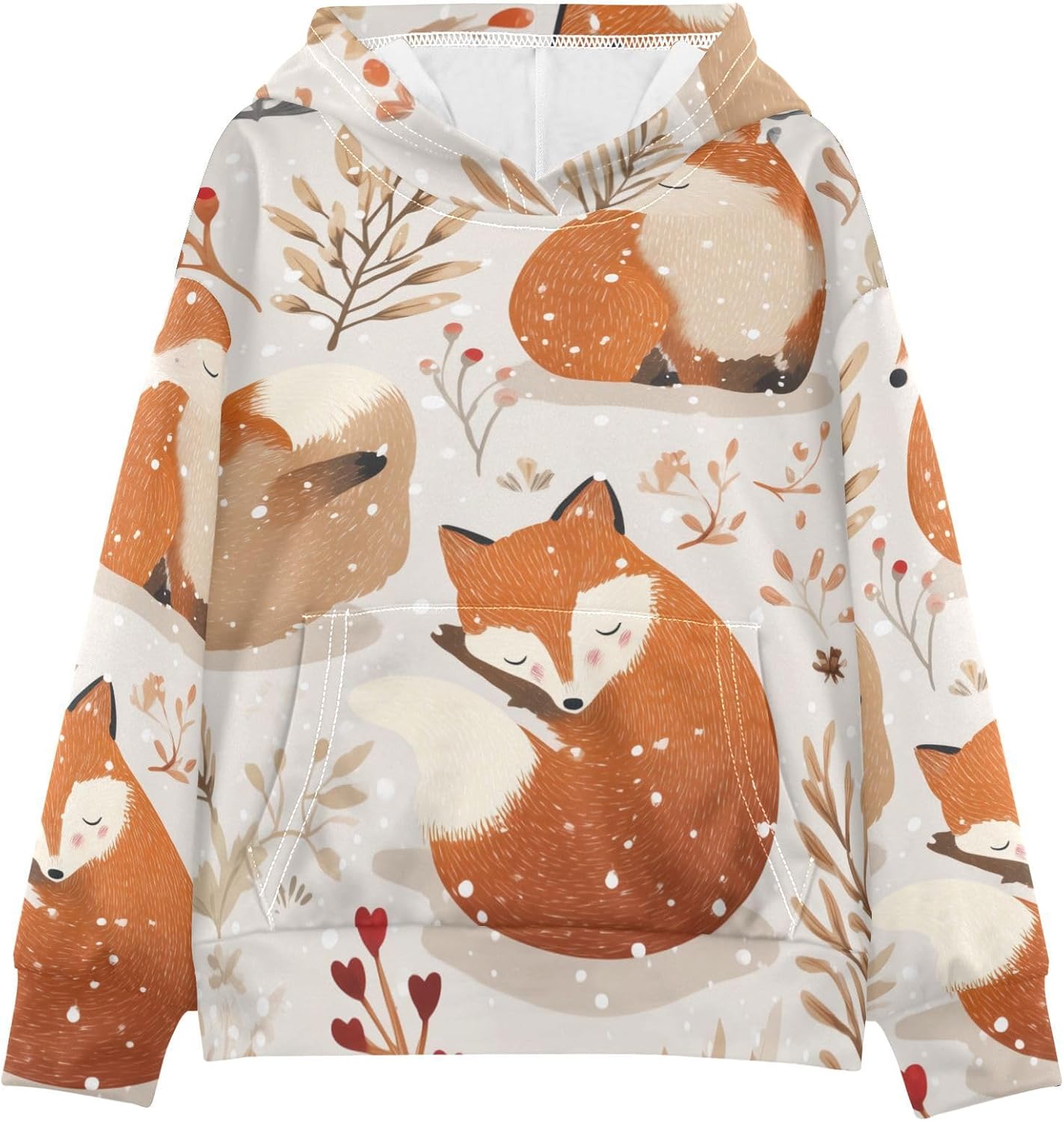 ZZXXB Fox Floral Snow Kids Sweatshirts Boys Girls Hooded Kangaroo Pocket Pullover Tops XS-XXL