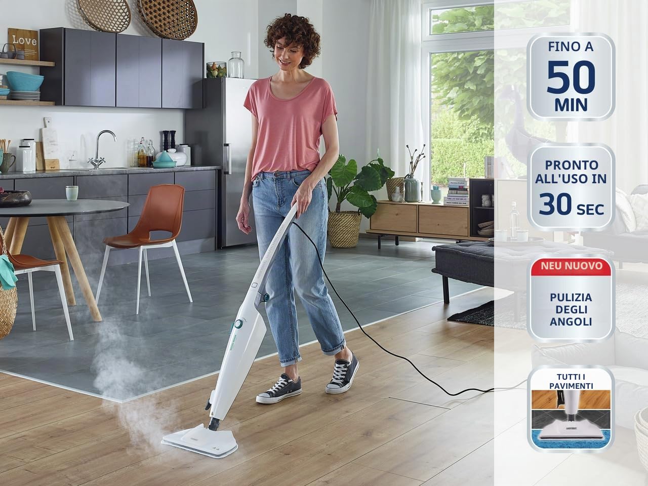 Leifheit pulitore vapore CleanTenso Power 2.0 con vapore caldo contro i batteri, scopa a vapore breve tempo di riscaldamento, 50 minuti di pulizia, vaporetto ideale per angoli, design moderno