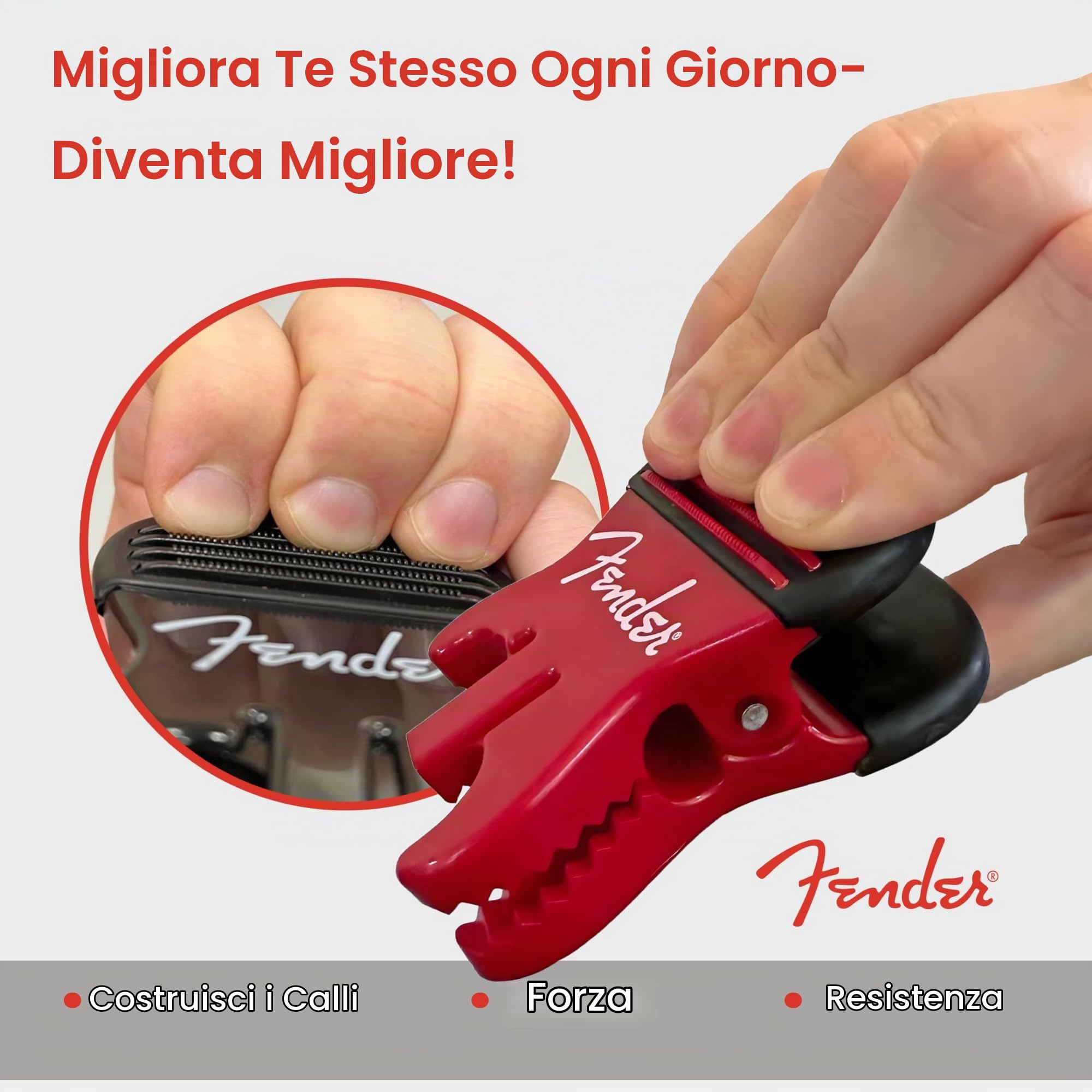 FENDER Costruttore di calli brevettato e rinforzante per le dita, per chitarra, basso e violino, attrezzo per allenare le dita della chitarra e della presa, accessori ideali per chitarra e basso