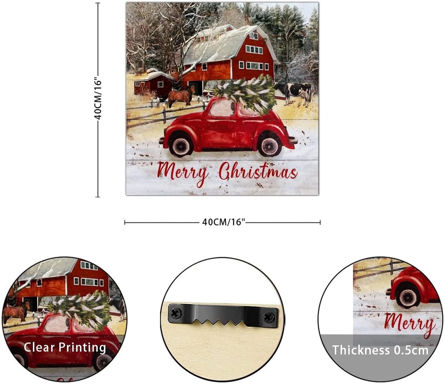 Merry Christmas Farm Barn Wooden Sign Farm Horse Cow Red Truck Wall Sign Classic Merry And Bright Hanging Wall Signs Decoration For Women Office Bathroom Shelf Decor Housewarming Gift 16x16in