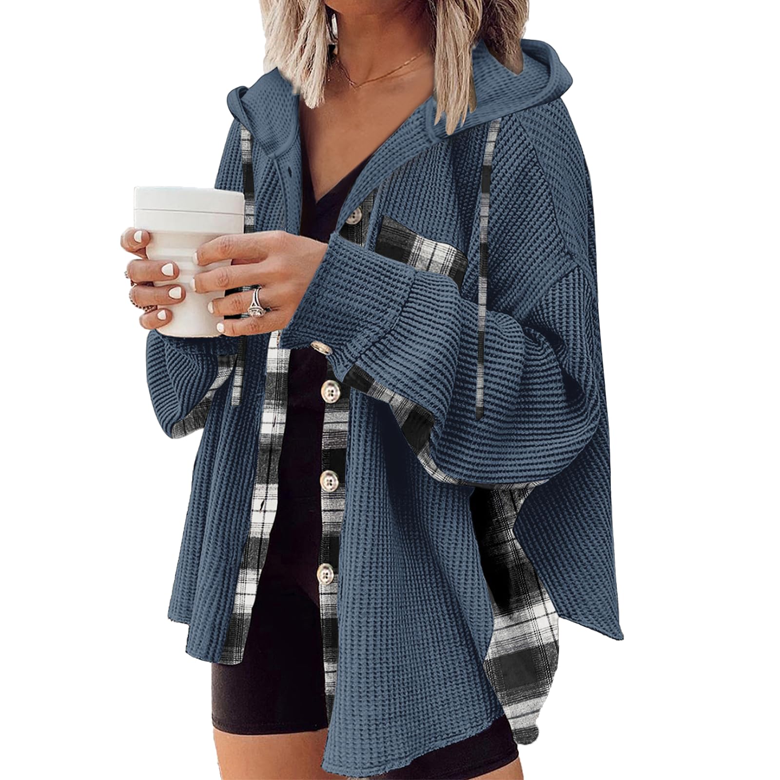 YNIQUE Chemise à Carreaux Femme Chemise Longues Classique Blouses Boutonnées Col en V Hoodie Manche Longue Automne Hiver Top Blouse Chic et élégant