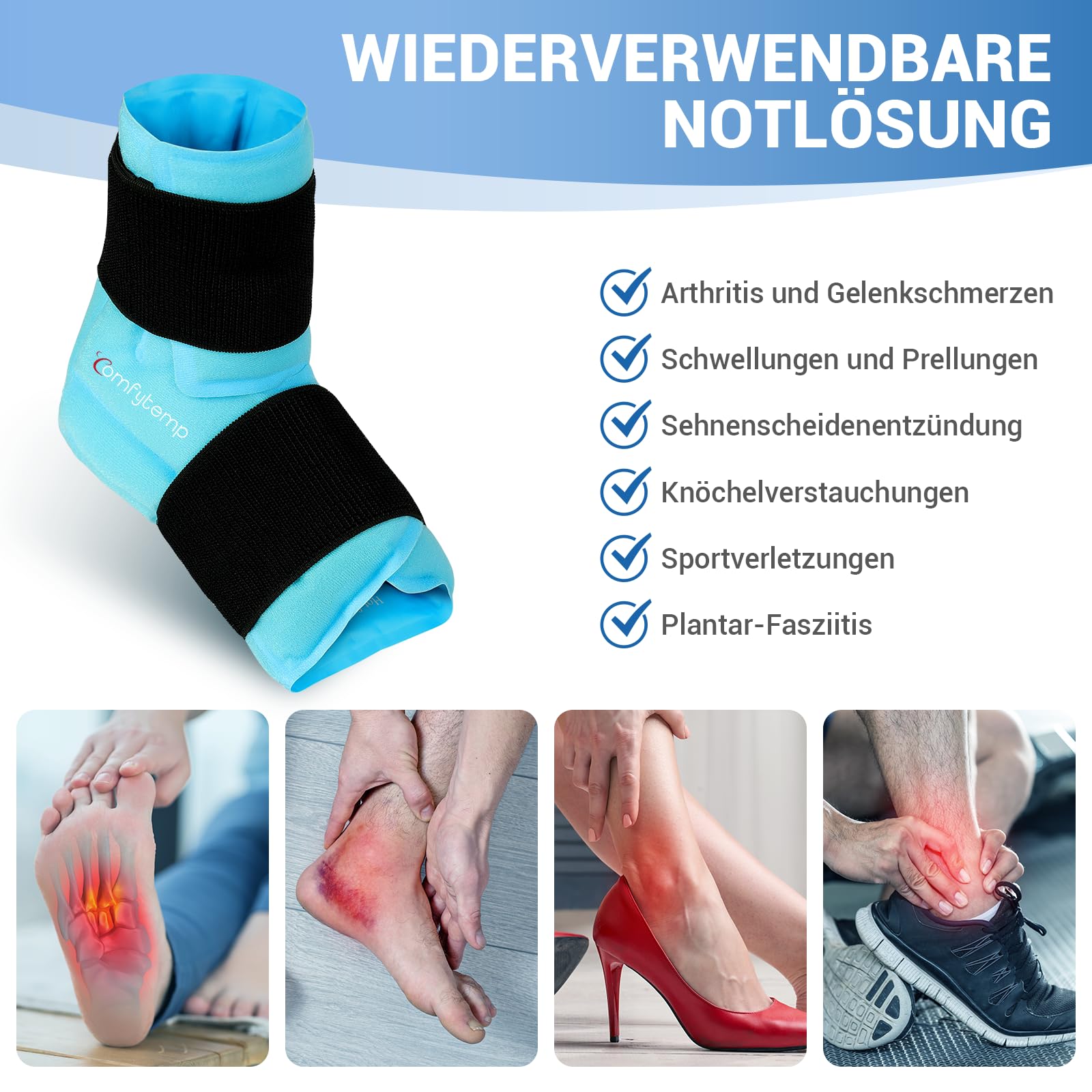 Comfytemp Extra-Größe XL Kühlmanschette Fuß, Kühlbandage Knöchel Fußgelenk für Wasserloses Eisbad nach dem Sport. Wiederverwendbare Groß Kühlpads Gel für Plantarfasziitis（21x22cm,900g）