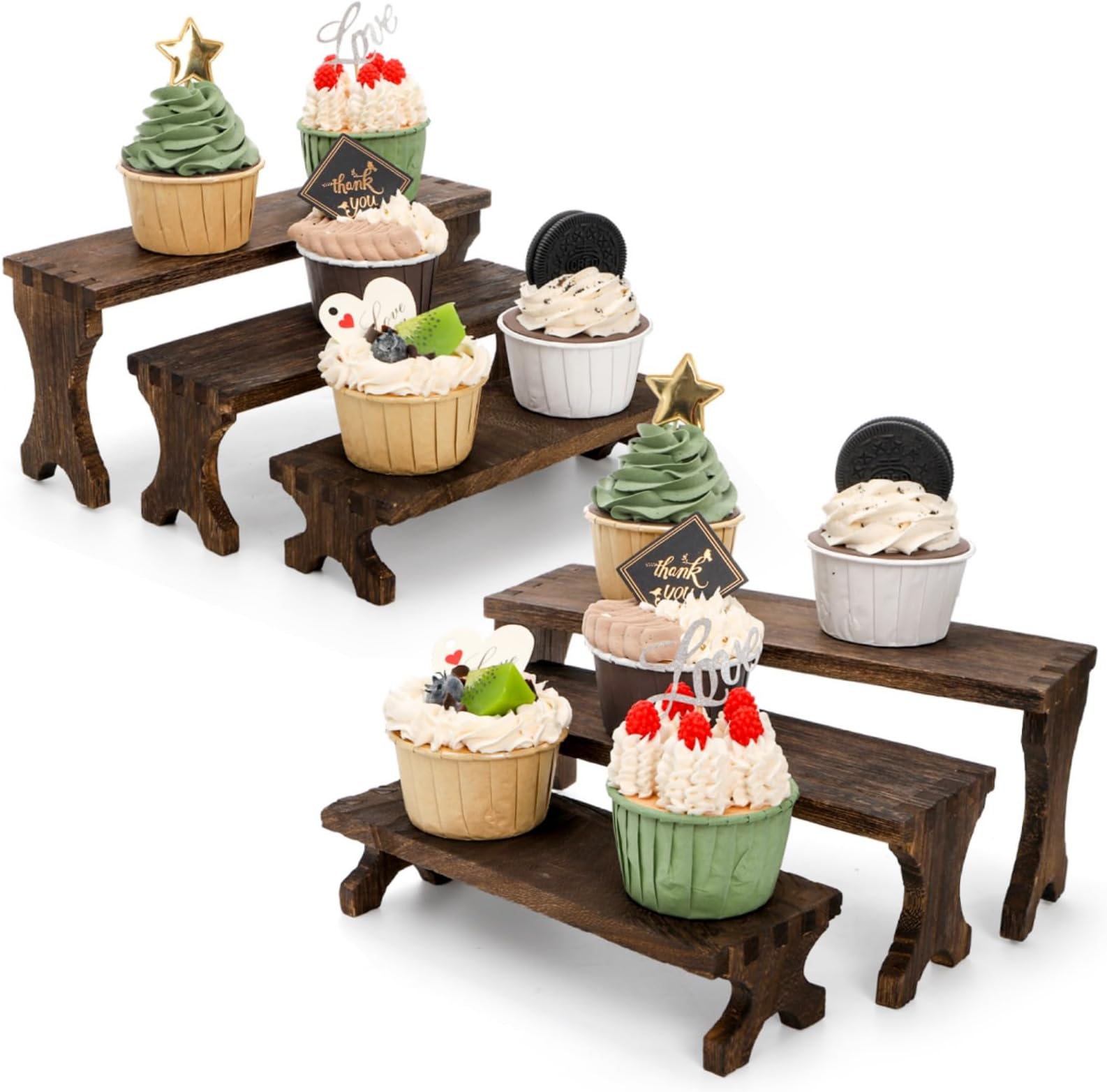 6 Pack Wood Risers Display Stands, 3 Tier Rectangular Wooden Cupcake Stands Rack for Vendor, Rustic Tiered Decorative Perfume Organizer Shelf for Food, Dessert, Collectibles, Party