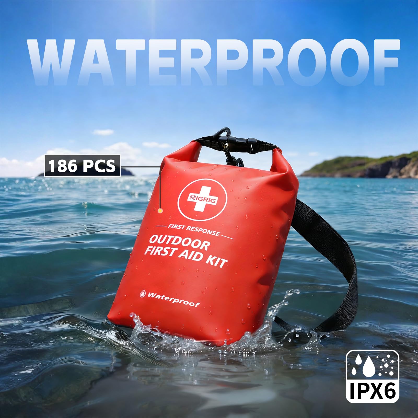 Waterproof First Aid Kit 186 Pcs Survival Gear, Portable Small Boat Dry Bag Bug Out Bags, Emergencies Medical Kit Ideal for Boating, Fishing, Hiking, Camping, Kayaking (Red) — Amazon image 6
