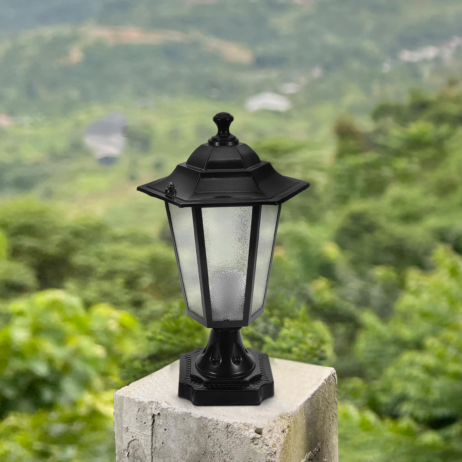 Lampione da Esterno a Colonna in Vetro e Metallo Lanterna Decorativa Esagonale Stile Villa Lampada da Giardino Compatta per Porte e Cortili Installazione Semplice