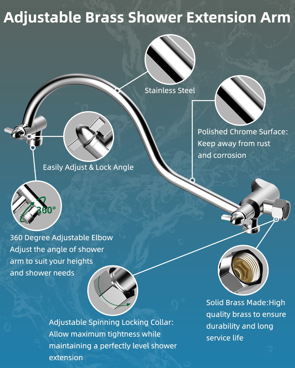 Hibbent All Metal 12 Inch Brass Adjustable Curved Shower Head Extension Arm with Shower Arm Diverter Valve, G 1/2 3-Way Bathroom Universal Shower System Replacement Part, Shower Arm Extender, Chrome